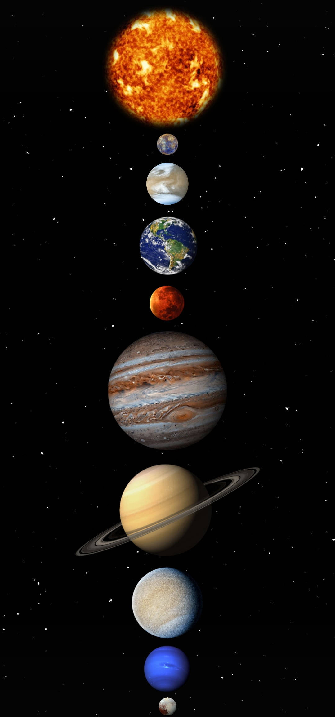 Solar System HD 桌布 壁紙 — 太陽系行星垂直排列在星空黑色背景上，太陽在頂部。