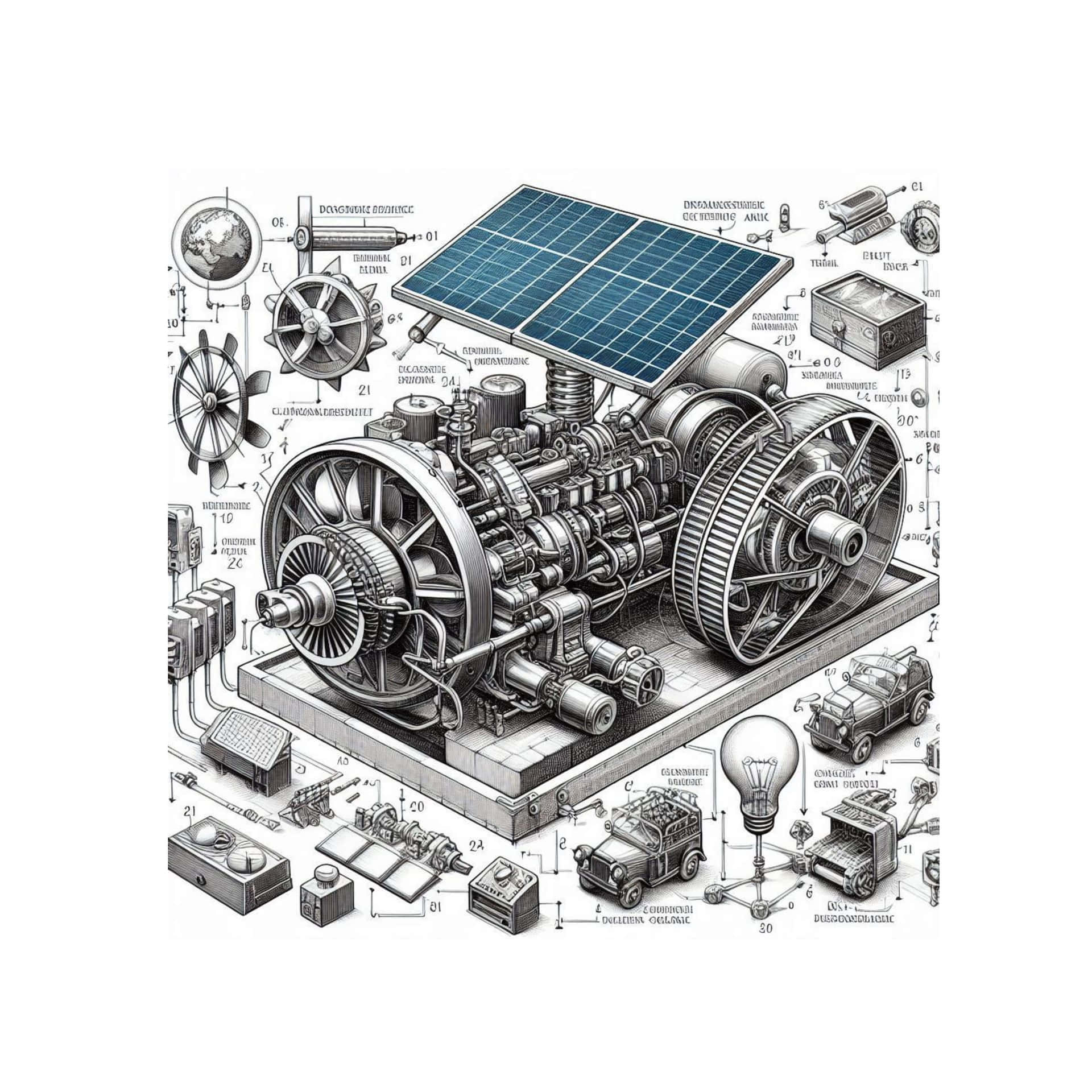 diagrammatic solar powered engine drawing 壁紙 — 太陽能引擎的詳細技術藍圖，帶有標籤的機械部件和周圍組件。
