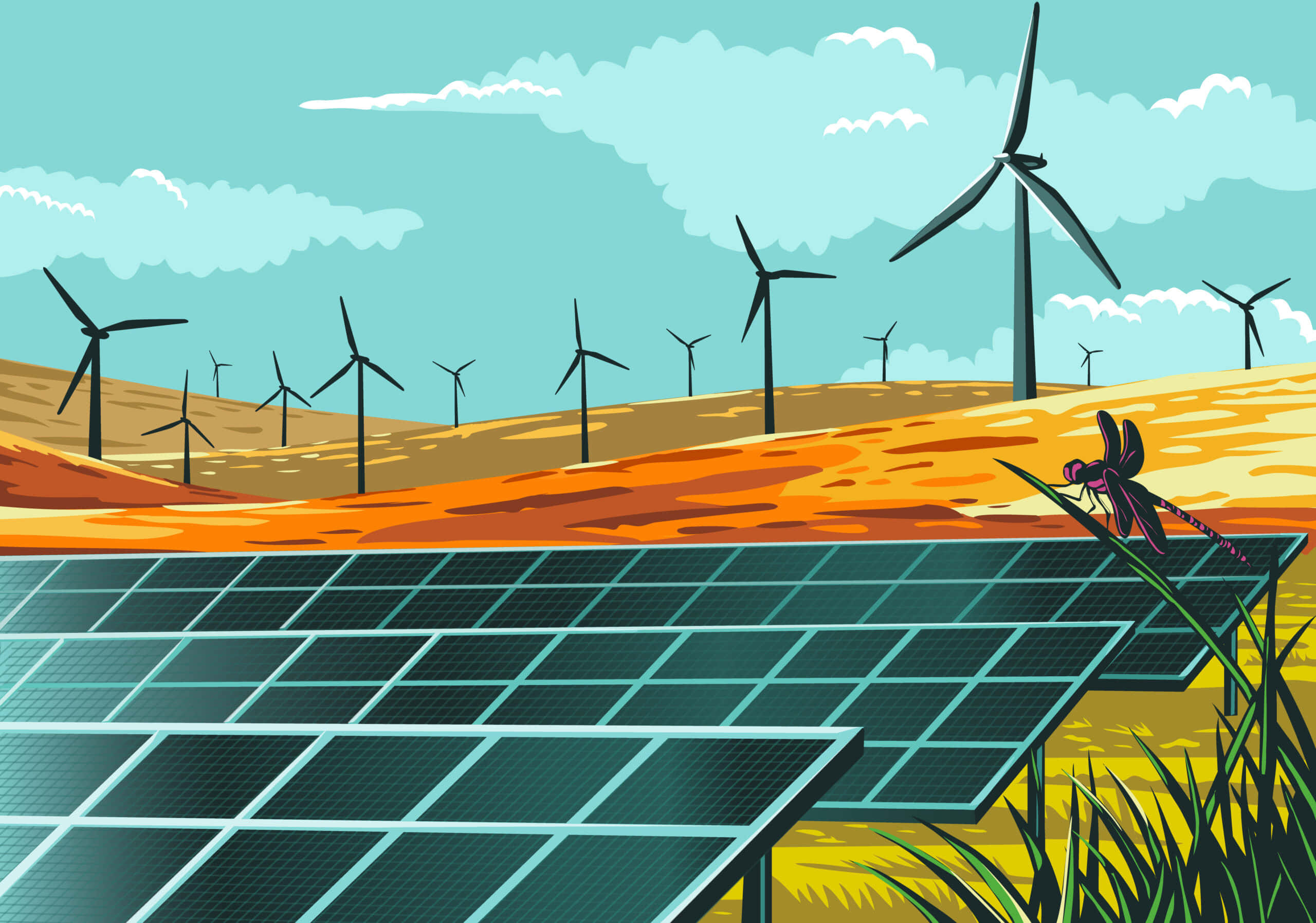 Energy 桌布 壁紙 — 太陽能板和風力發電機點綴著金色田野，在青綠色天空下，附近有一隻蜻蜓棲息。
