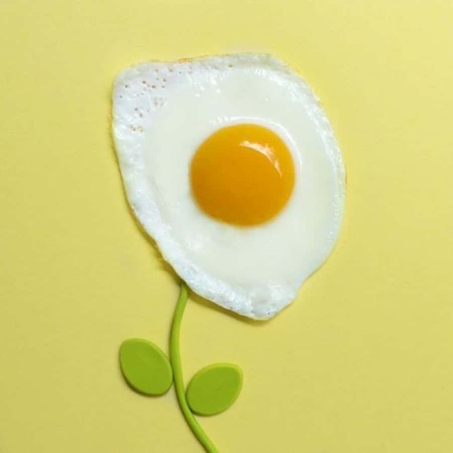 Egg 桌布 壁紙 — 太陽蛋創意地造型成花朵，帶有綠色莖和葉子，置於純黃色背景上。