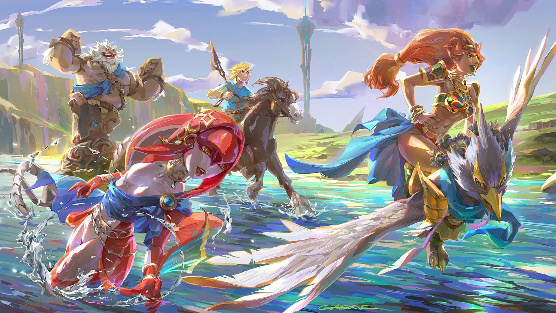 Breath Of The Wild 桌布 壁紙 — 奇幻冒險者騎著神話野獸穿過一條充滿活力的河流，天空明亮，遠處有塔樓。