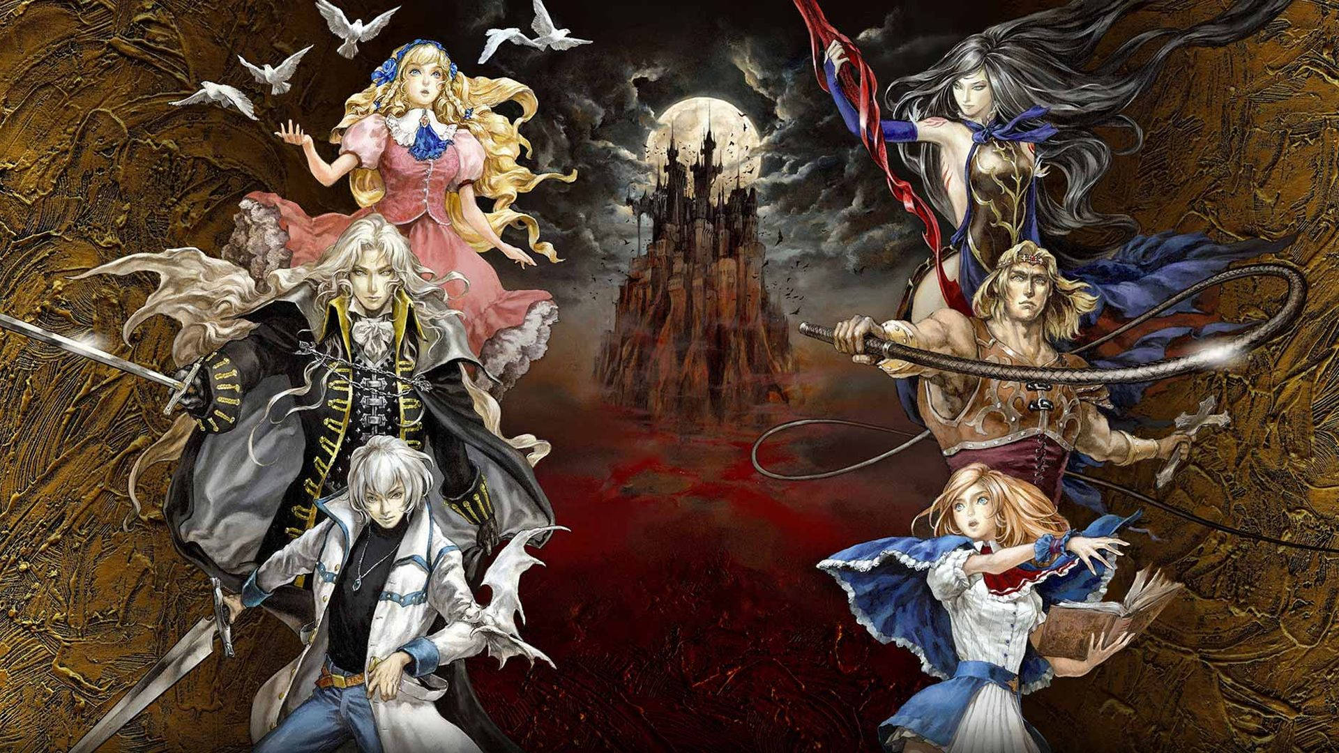 Castlevania 桌布 壁紙 — 奇幻動漫角色以戲劇性姿勢，背景為黑暗城堡、飛鳥和紅色地面。