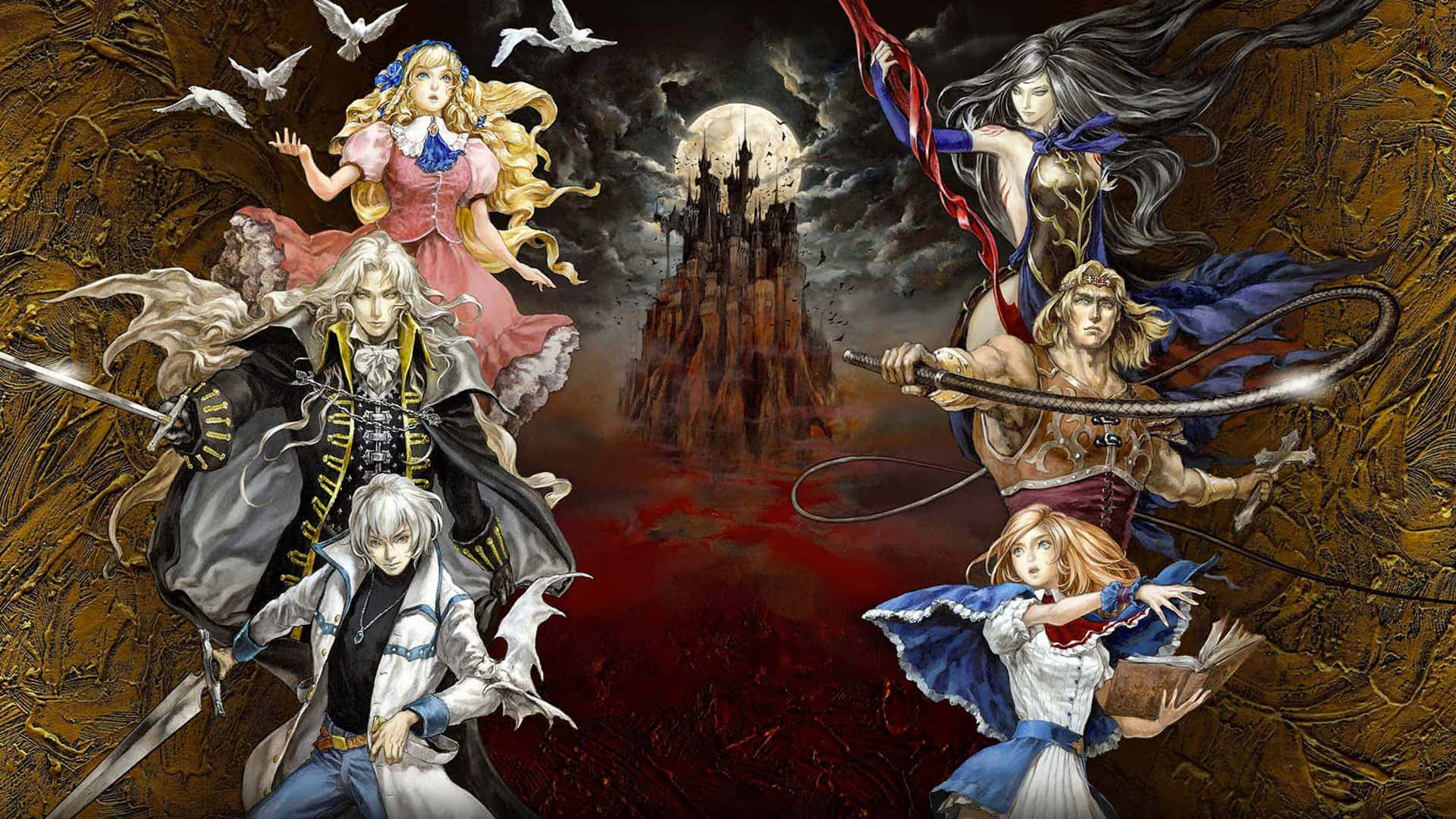 Castlevania 桌布 壁紙 — 奇幻動漫角色以戲劇性的姿勢圍繞著一座鬼城堡，滿月下有飛鳥。