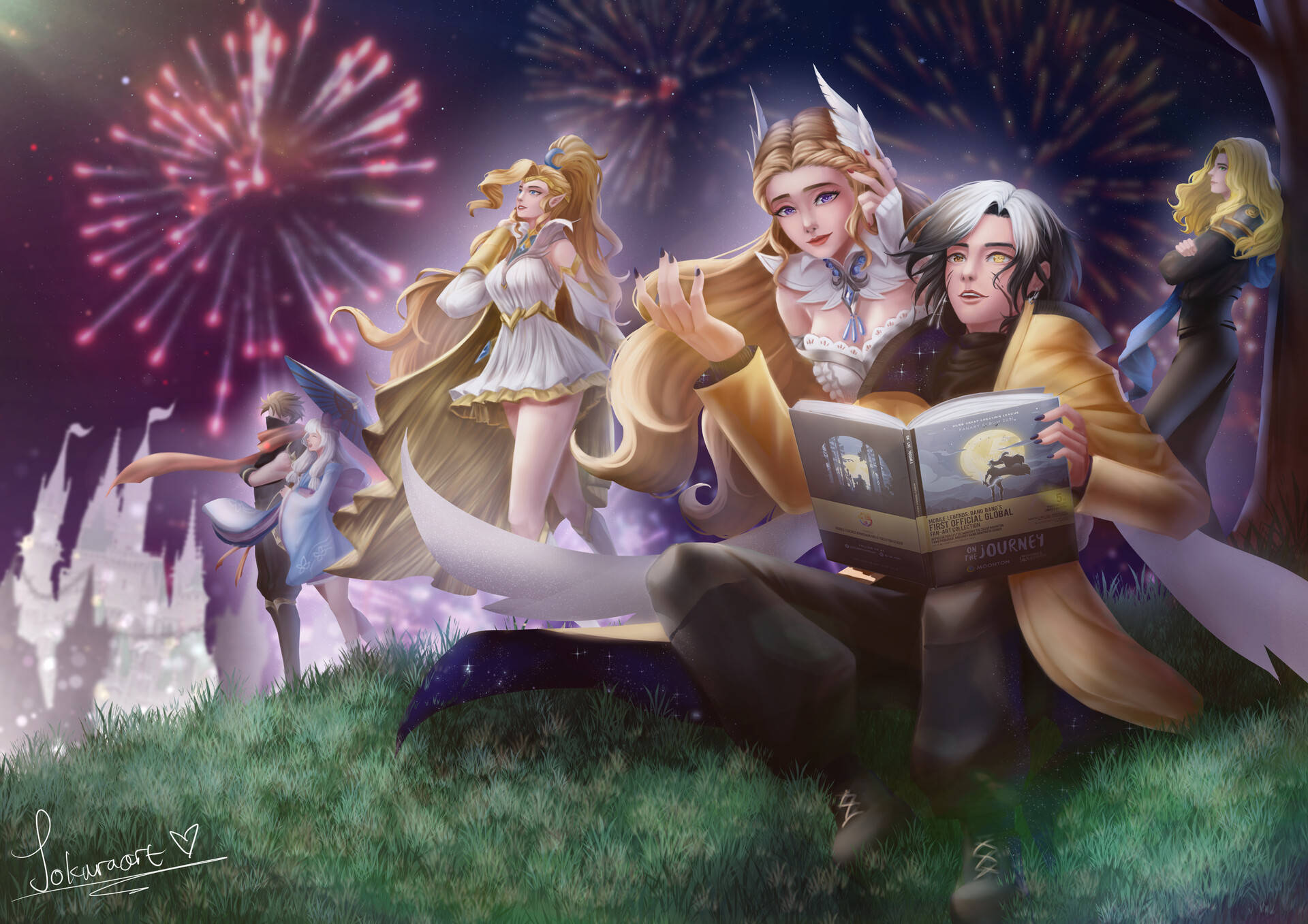 Mobile Legends 動態圖 桌布 壁紙 — 奇幻動漫角色聚集在煙火下，其中一人在夜晚的草地上閱讀一本名為《Journey》的書。
