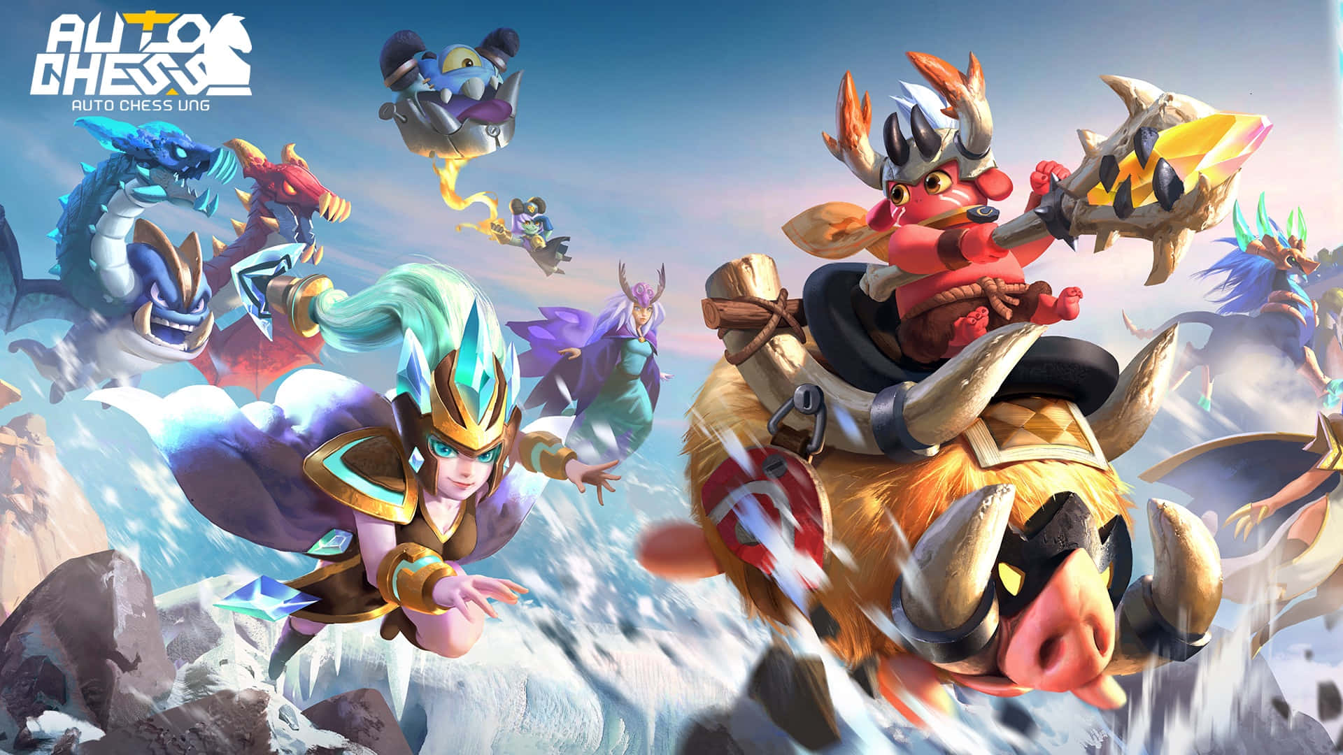 Moba Games 桌布 壁紙 — 奇幻國際象棋角色在雪峰上戰鬥的鮮豔數位藝術作品。