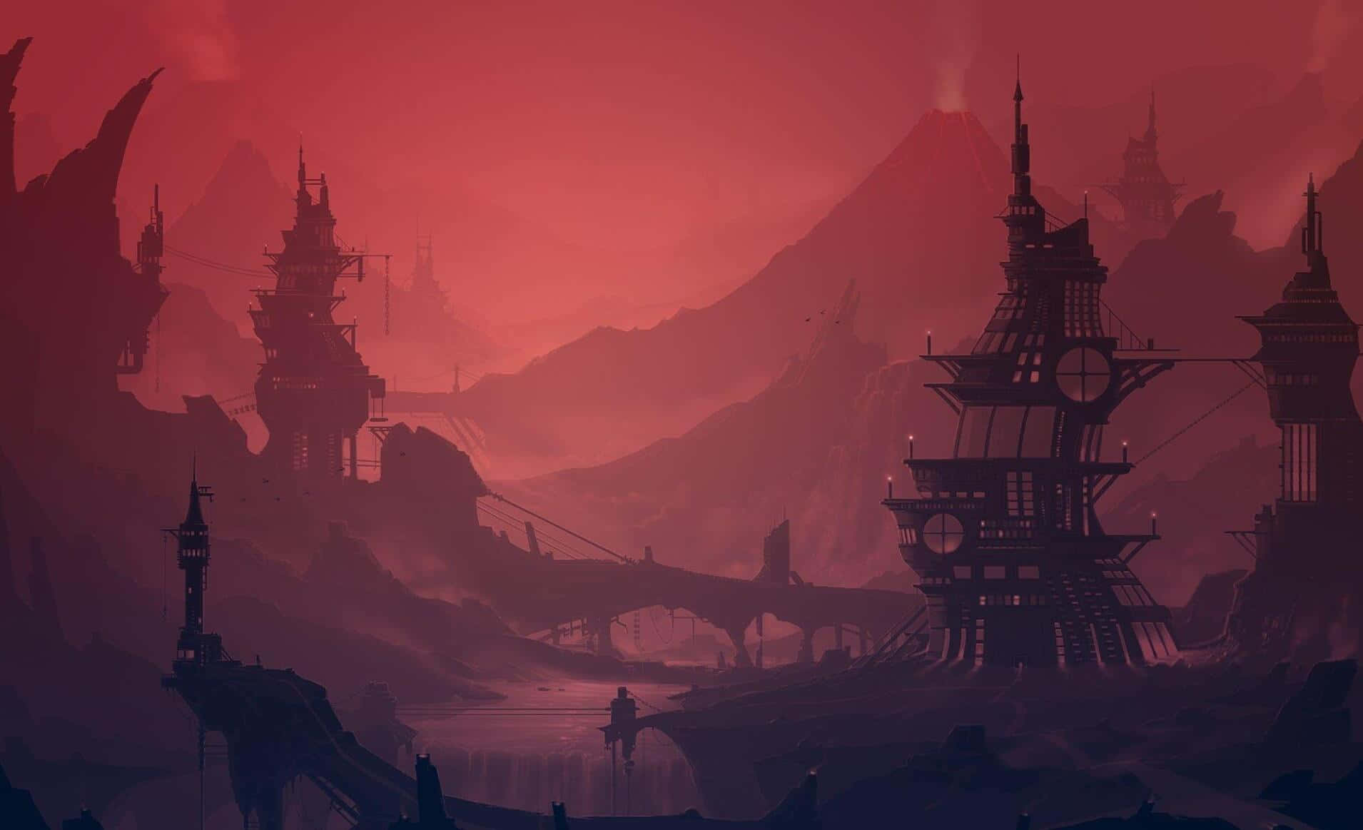奇幻城市，天空火紅，城堡矗立 壁紙