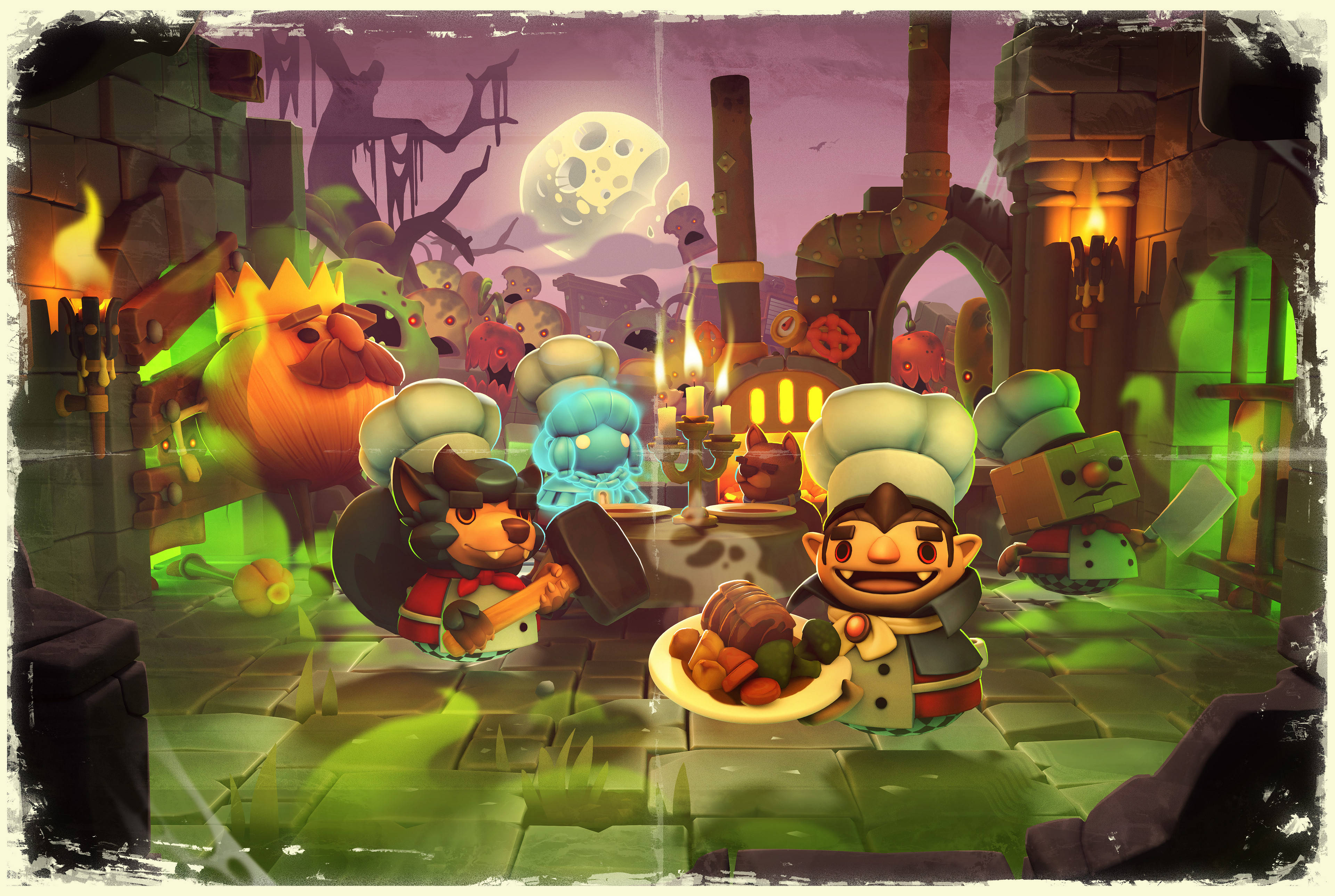 Overcooked 桌布 壁紙 — 奇幻廚師在陰森城堡廚房裡，在彎月下提供食物，營造出綠色發光的氛圍。