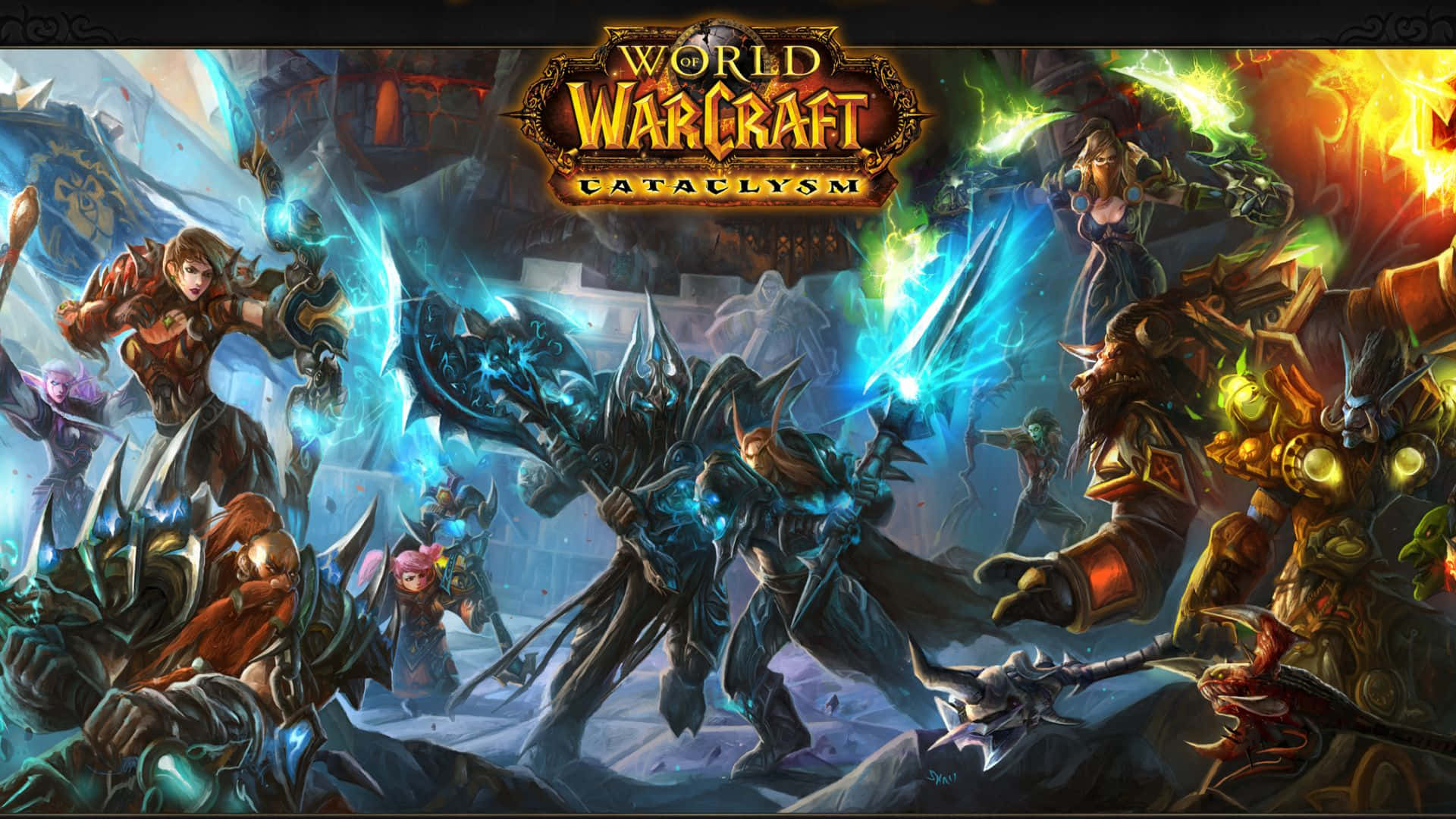 World Of Warcraft Races 桌布 壁紙 — 奇幻戰士在《魔獸世界：浩劫與重生》的戲劇性戰鬥場景中，以發光武器和黑暗魔法交鋒。