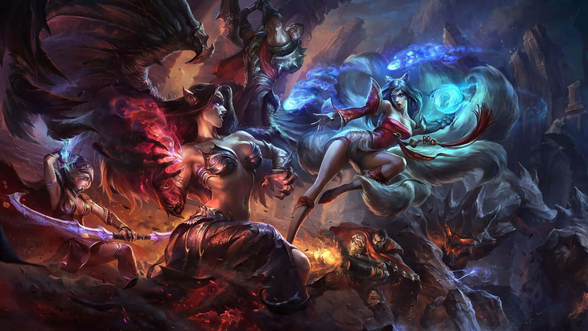 1920x1080 League Of Legends 桌布 壁紙 — 奇幻戰士在一個充滿火焰的洞穴中碰撞，伴隨著發光的魔法和黑暗的翅膀。