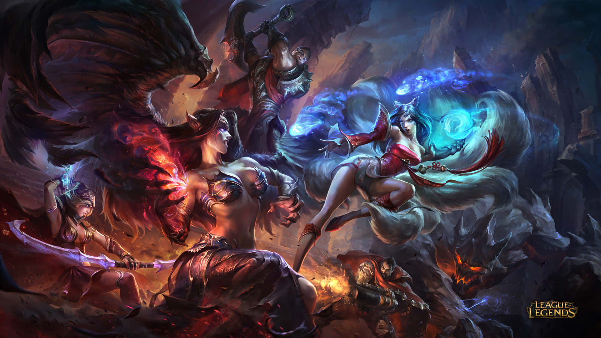 Best League Of Legends 桌布 壁紙 — 奇幻戰士在一個燃燒的洞穴中碰撞，閃耀著魔法和黑暗翅膀。