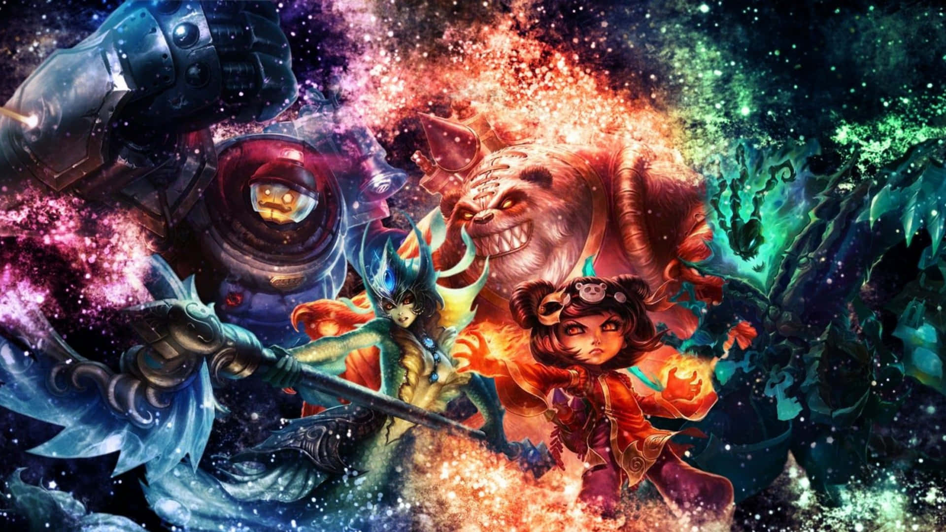 英雄聯盟 桌布 壁紙 — 奇幻戰士在充滿星光的虛空中，於色彩繽紛的星雲和發光能量的宇宙風暴中碰撞。