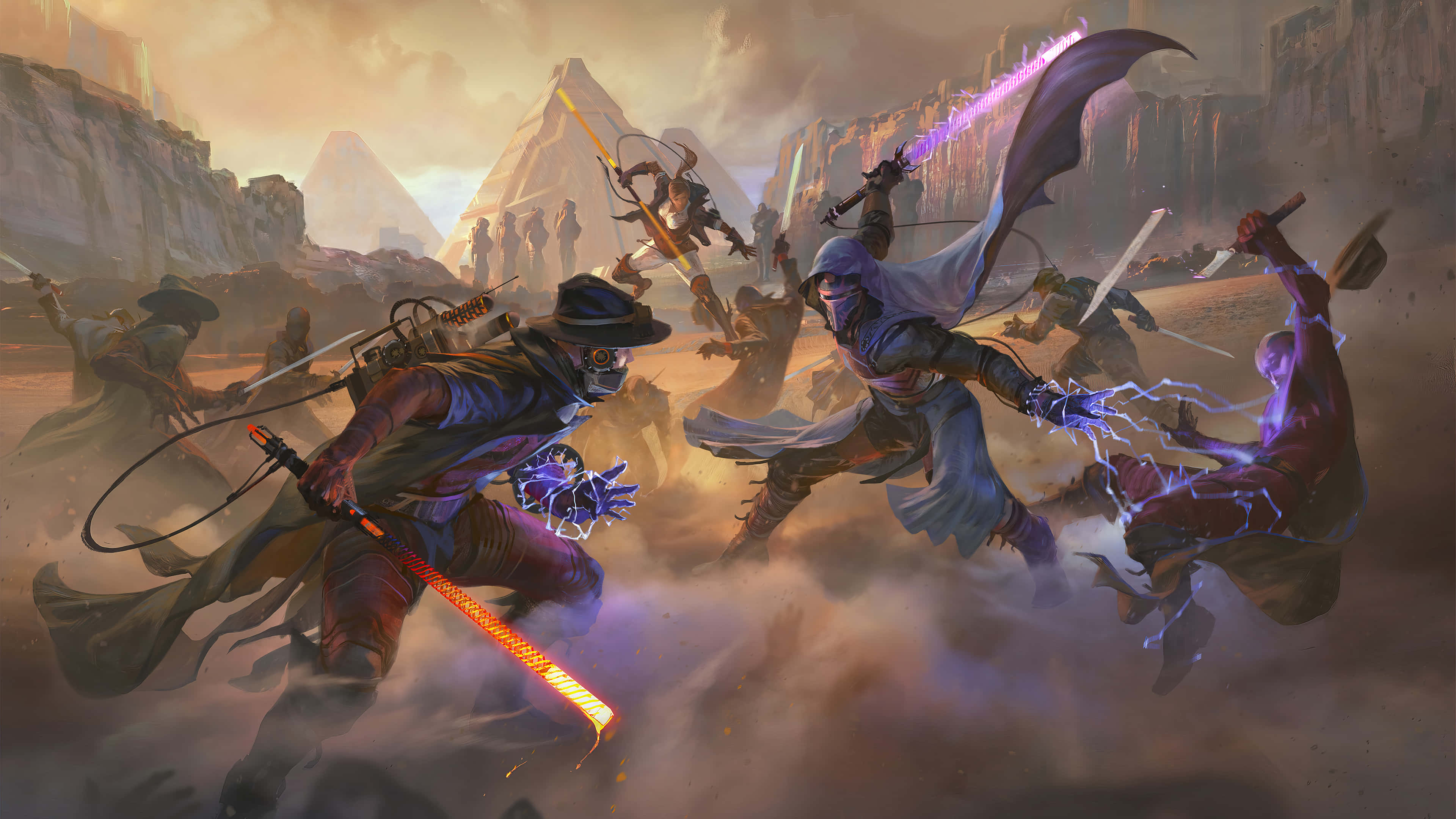 Darth Revan 4K 桌布 壁紙 — 奇幻戰士在塵土飛揚的峽谷中，在朦朧的天空下，用發光的劍和魔法能量爆發碰撞。
