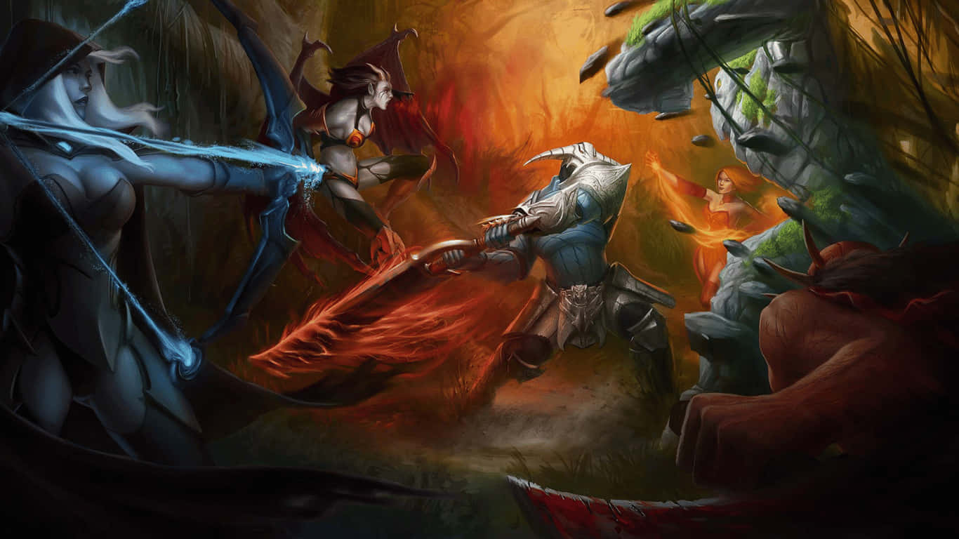1366x768 Dota 2 桌布 壁紙 — 奇幻戰士在崩塌的廢墟和神秘能量中，手持發光武器進行激烈的戰鬥。
