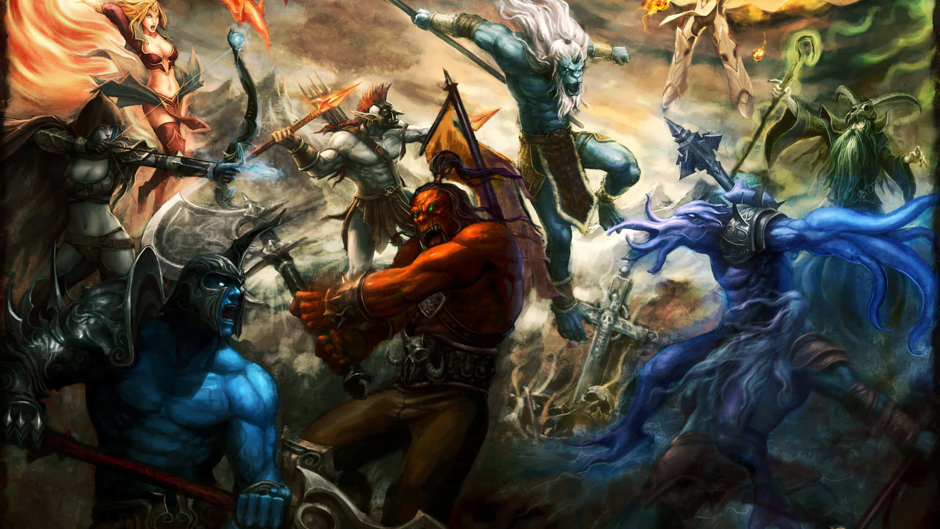 Dota 2 Sven 桌布 壁紙 — 奇幻戰士在暴風雨的天空下，用火焰武器和旋轉的魔法能量進行混亂的戰鬥。