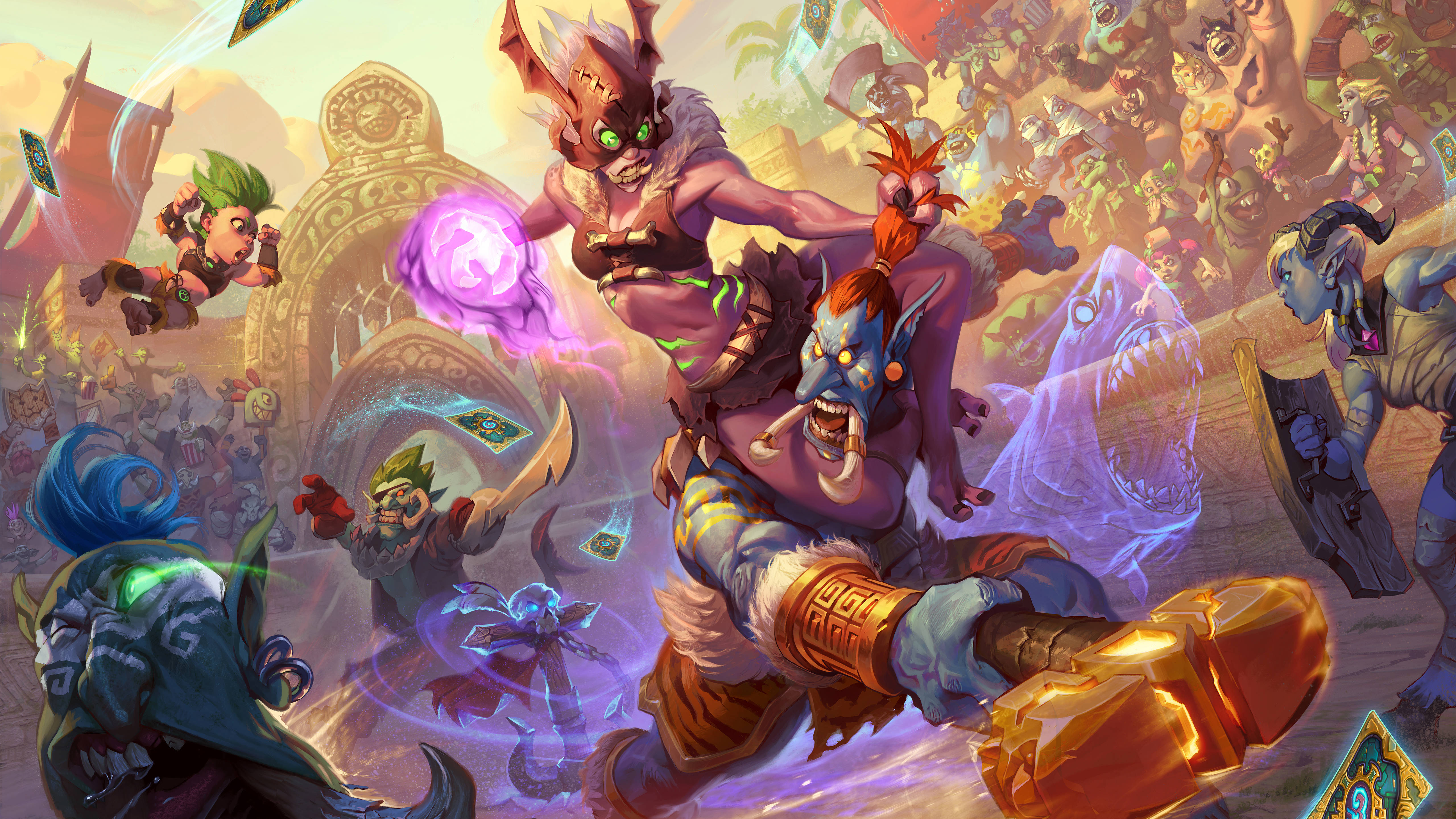 遊戲 桌布 壁紙 — 奇幻戰士在混亂的戰鬥中碰撞，伴隨著發光的魔法和怪獸般的生物，呈現出充滿活力的動作場景。