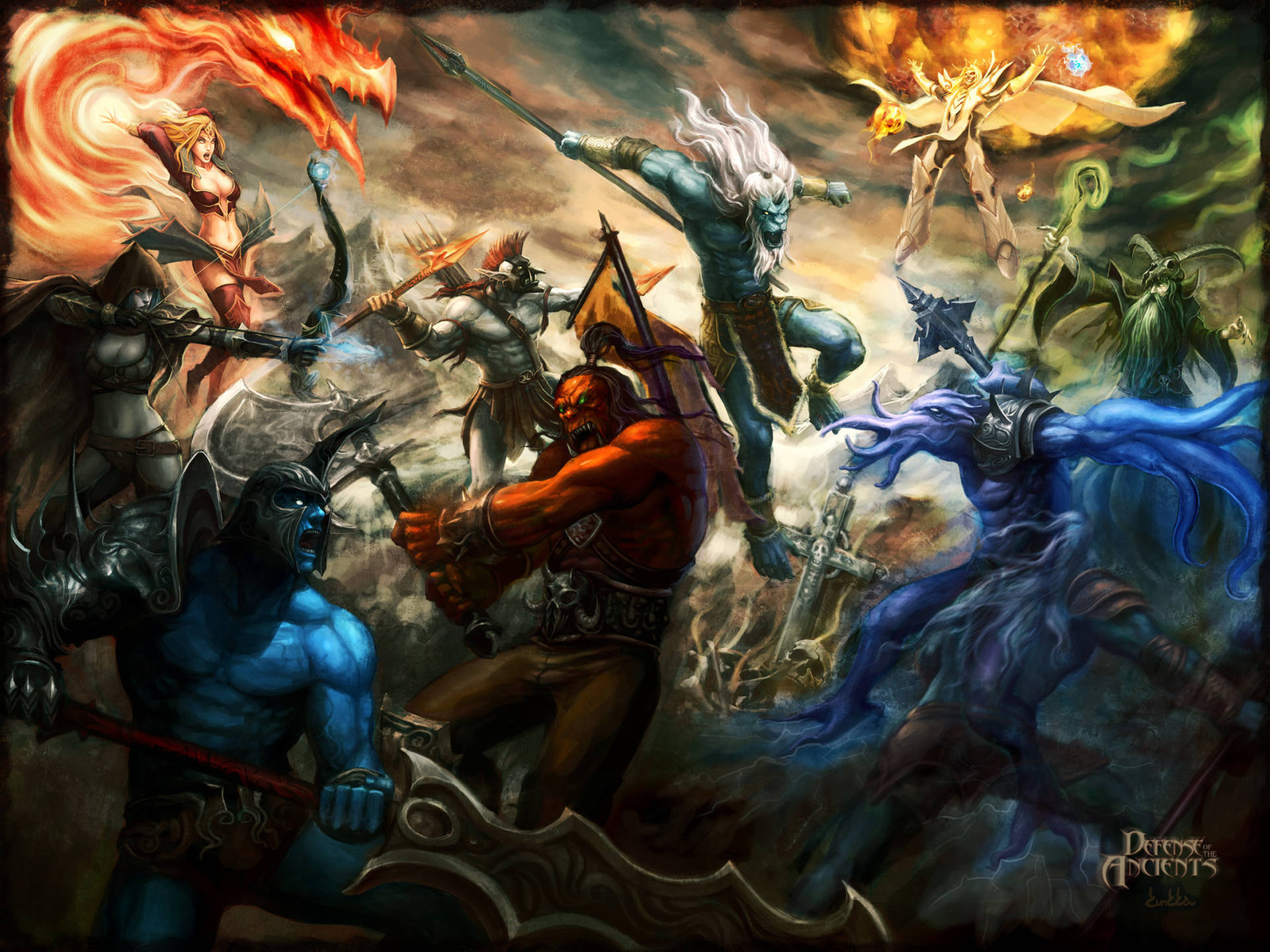 dota 2 4K 桌布 壁紙 — 奇幻戰士在混亂的戰鬥中碰撞，火焰和冰霜魔法在他們周圍旋轉。