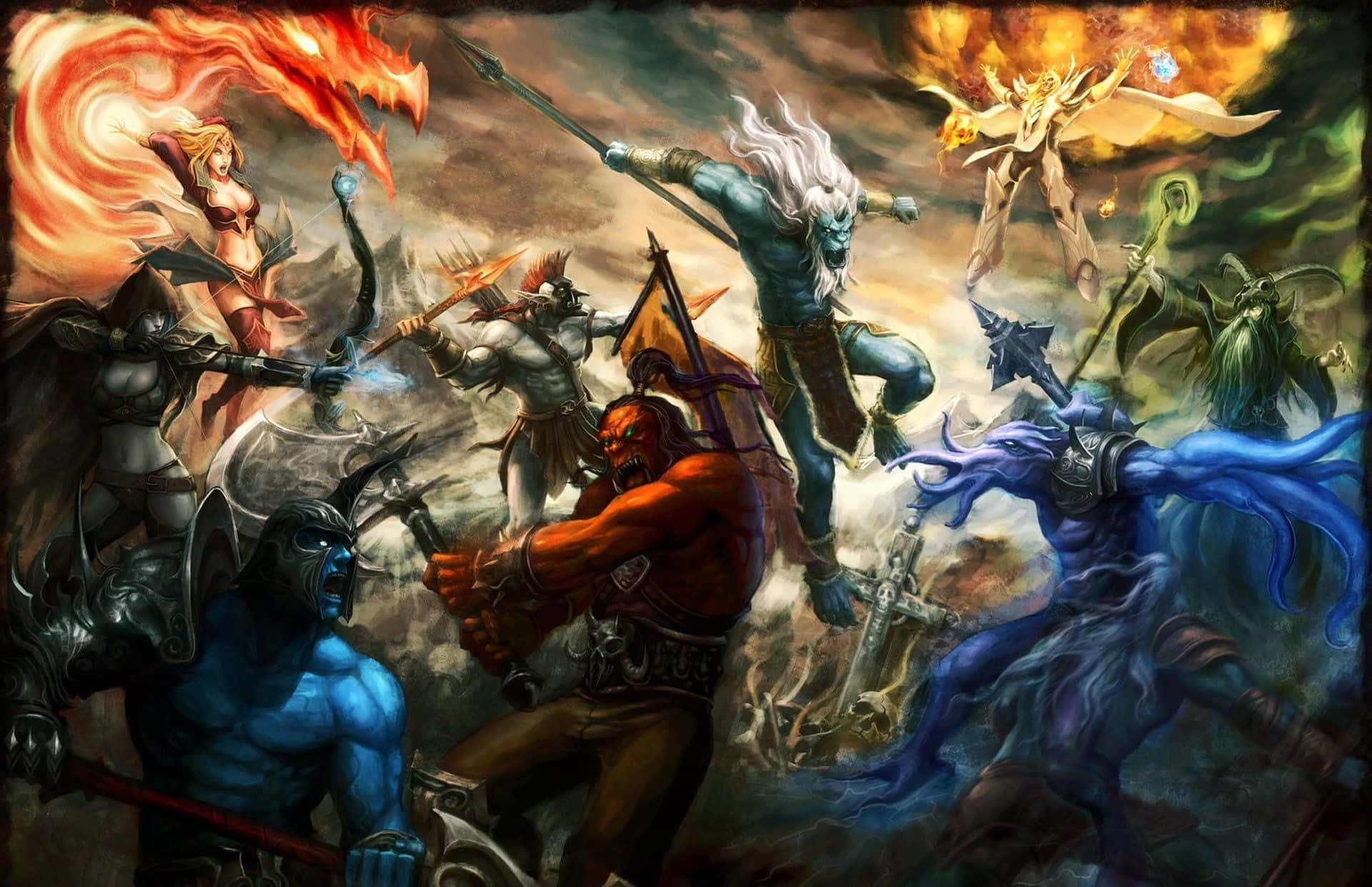 Dota 桌布 壁紙 — 奇幻戰士在混亂的戰鬥中碰撞，火焰與冰霜魔法在他們周圍爆發。