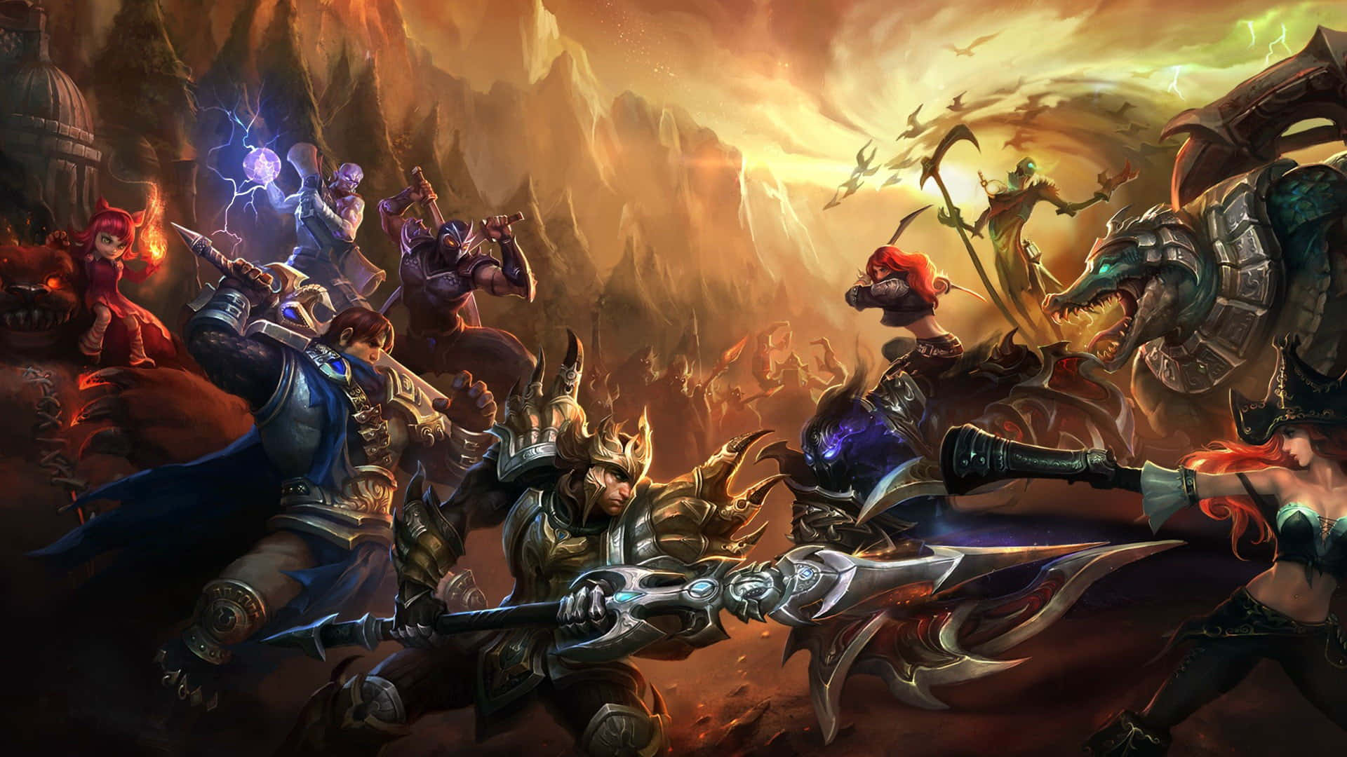 1920x1080 League Of Legends 桌布 壁紙 — 奇幻戰士在熾熱的山脈中，在燦爛的夕陽天空下展開史詩般的戰鬥。