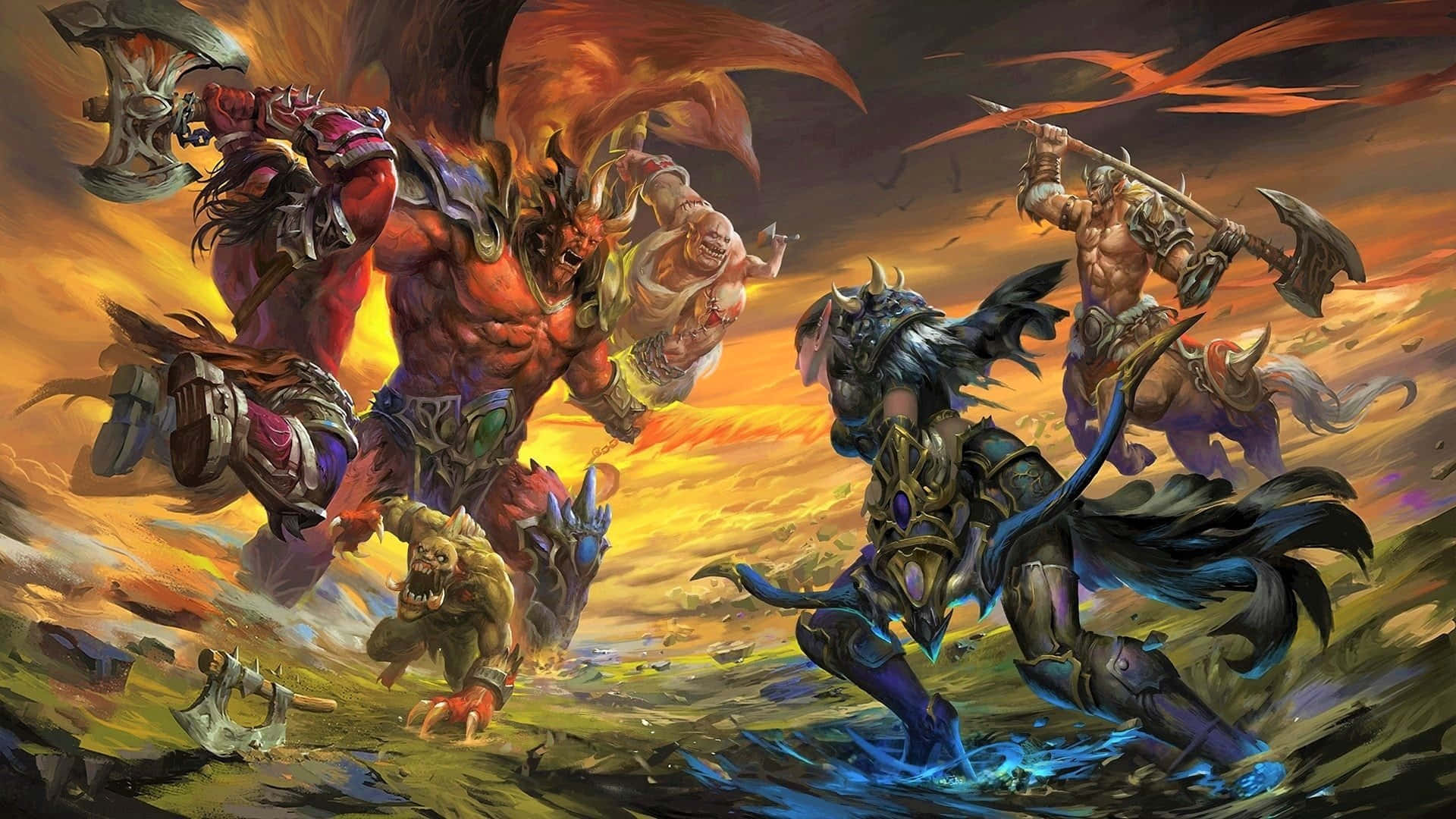 Demon Fighting 桌布 壁紙 — 奇幻戰士在熾熱的橙色天空下激烈交戰，惡魔與裝甲身影向前衝鋒。
