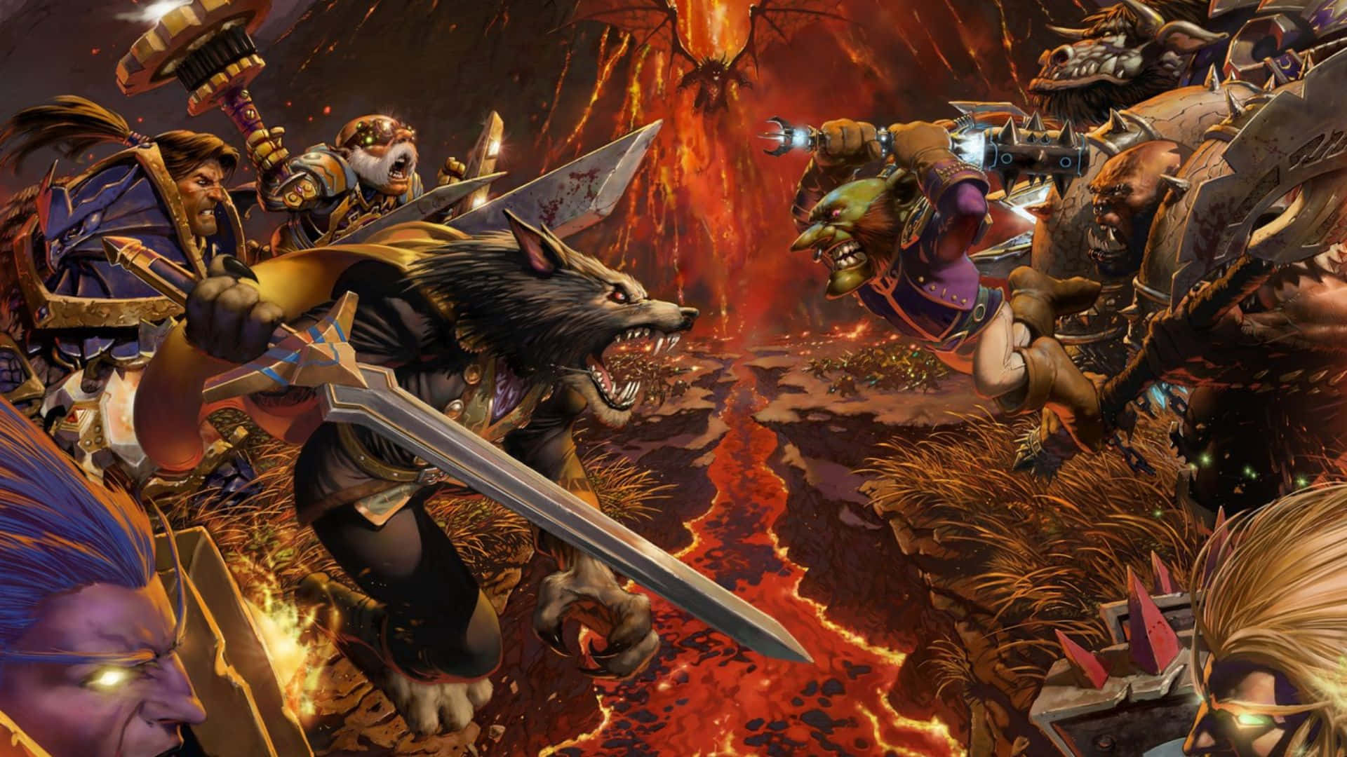 World Of Warcraft Races 桌布 壁紙 — 奇幻戰士在熾熱的火山戰場上與熔岩河流和怪物敵人交戰。