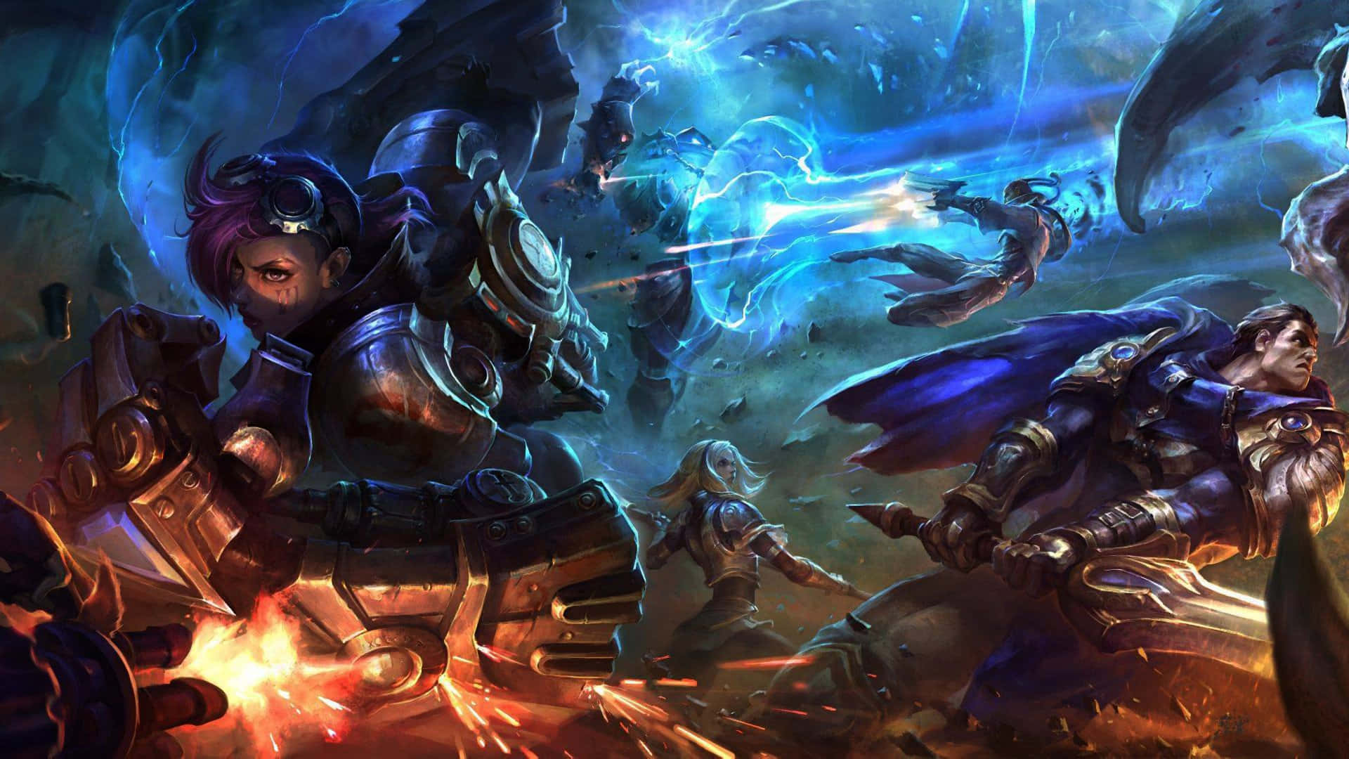 Lol 1920 X 1080 Gaming 桌布 壁紙 — 奇幻戰士在發光的藍色能量光束和旋轉的烏雲下進行激烈的戰鬥。