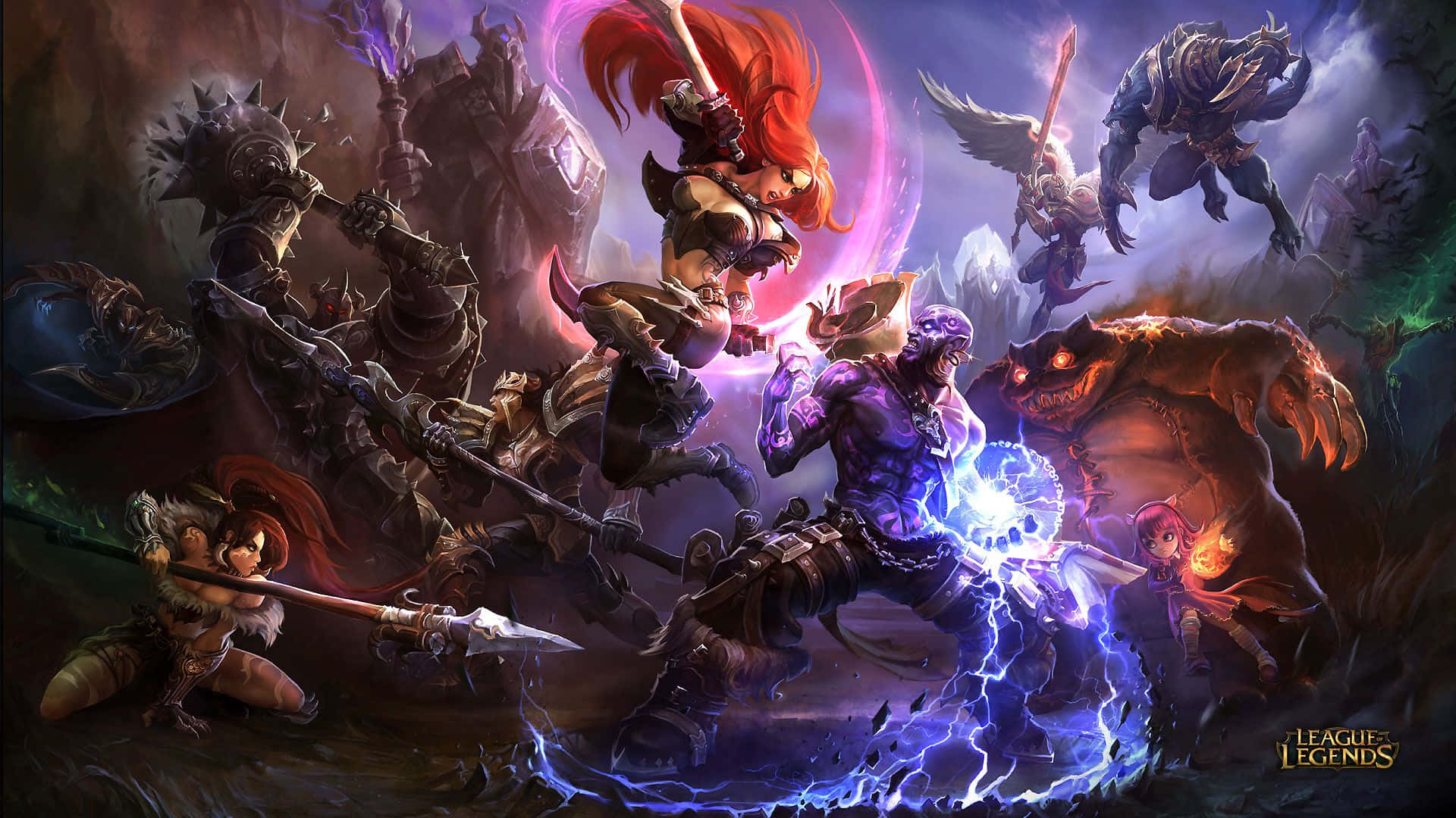 1920x1080 League Of Legends 桌布 壁紙 — 奇幻戰士在紫色月亮下，於黑暗神秘戰鬥中與發光魔法和怪獸交鋒。
