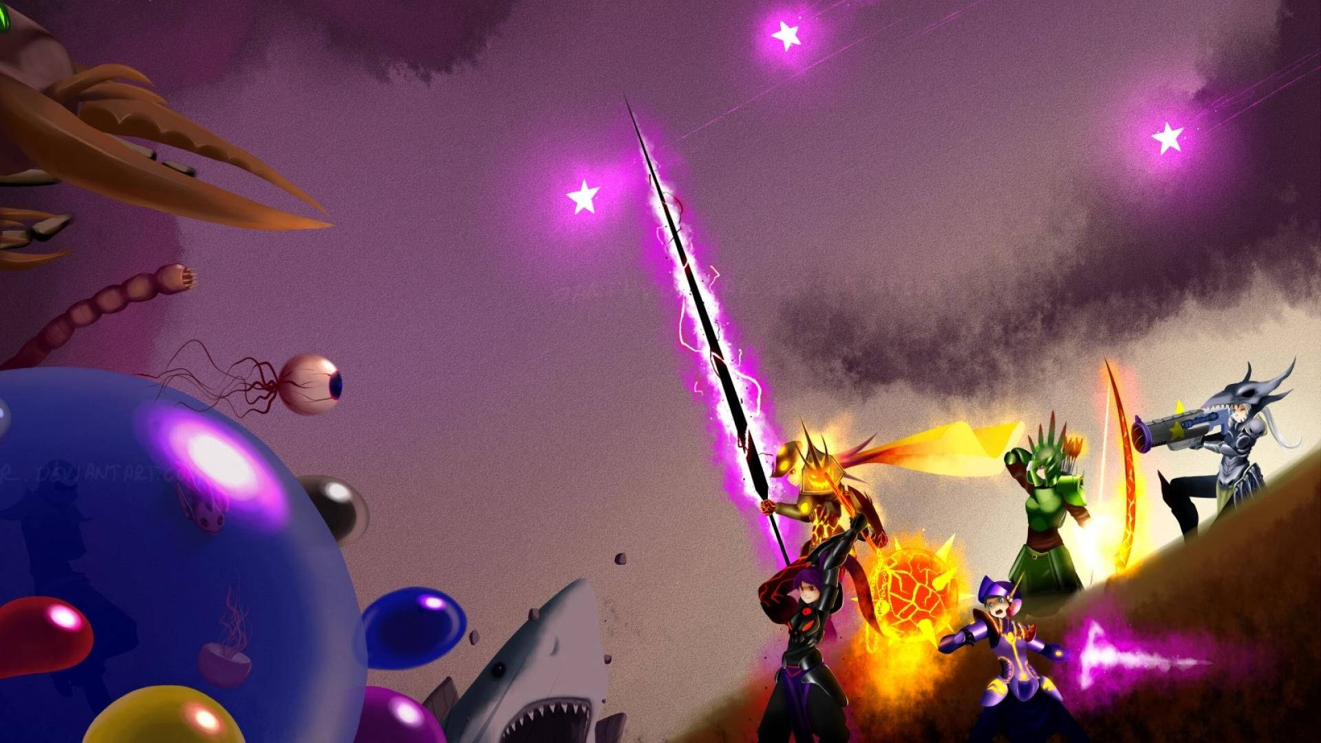 Terraria Moon Lord 桌布 壁紙 — 奇幻戰士在繁星點點的紫色天空下，對超現實的外星生物發動發光攻擊。