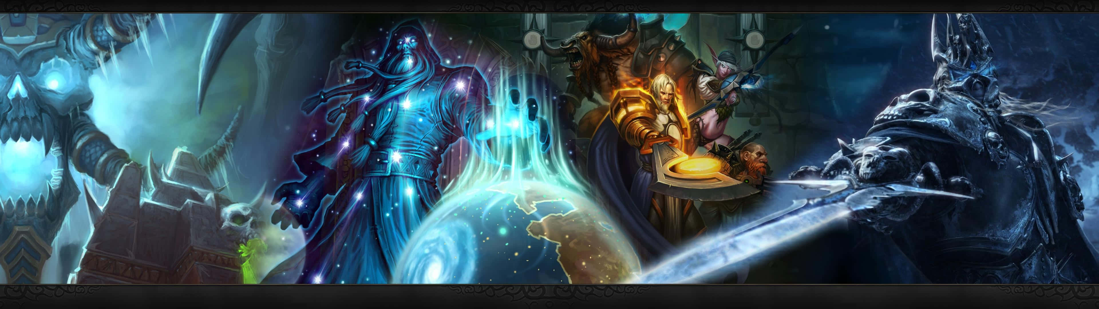 魔獸世界 桌布 壁紙 — 奇幻戰士在風暴天空下，以發光魔法和裝甲人物進行黑暗神秘戰鬥。