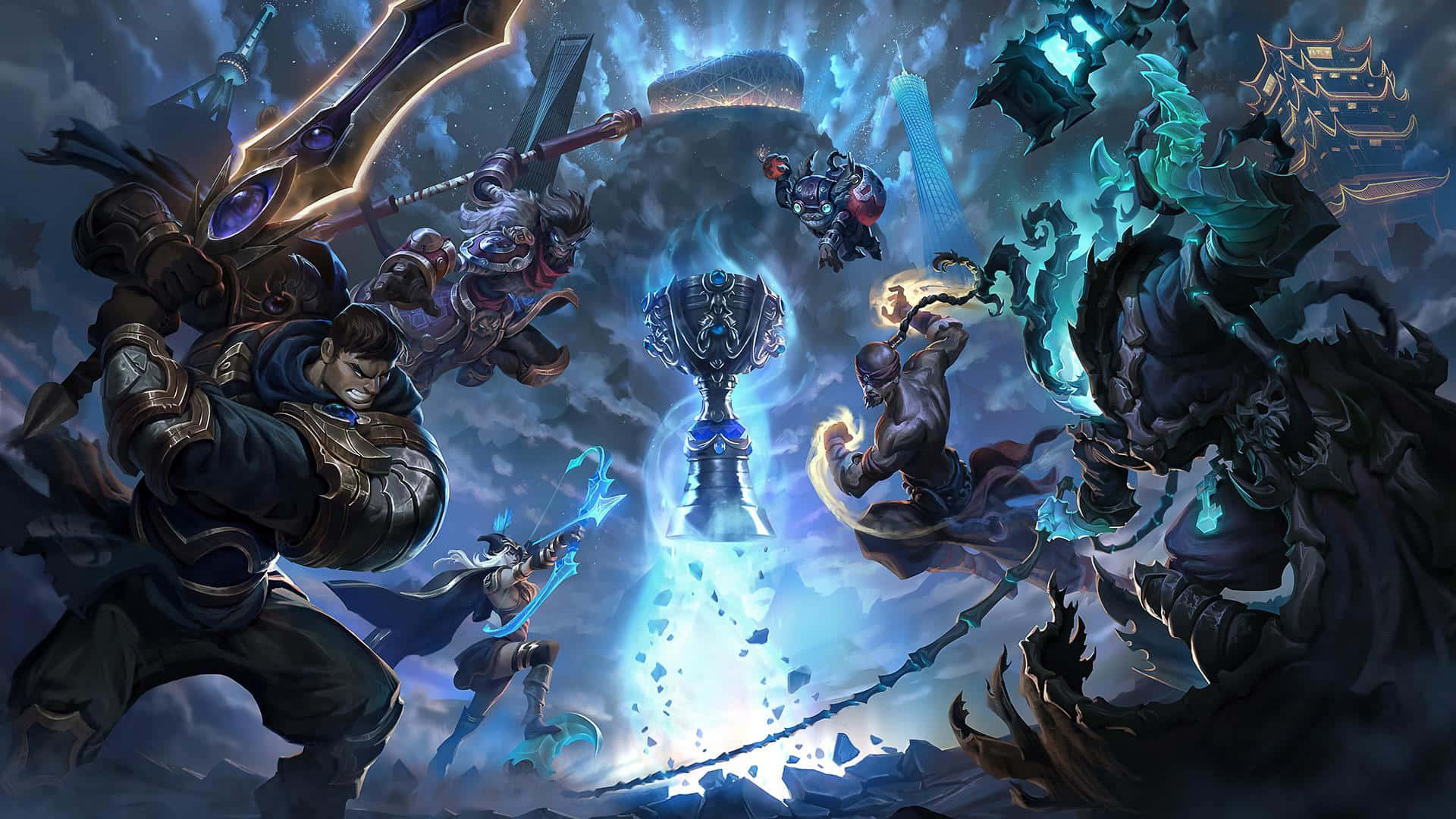 1920x1080 League Of Legends 桌布 壁紙 — 奇幻戰士在風暴天空下圍繞發光獎盃激烈衝突的戲劇性數位戰鬥場景。