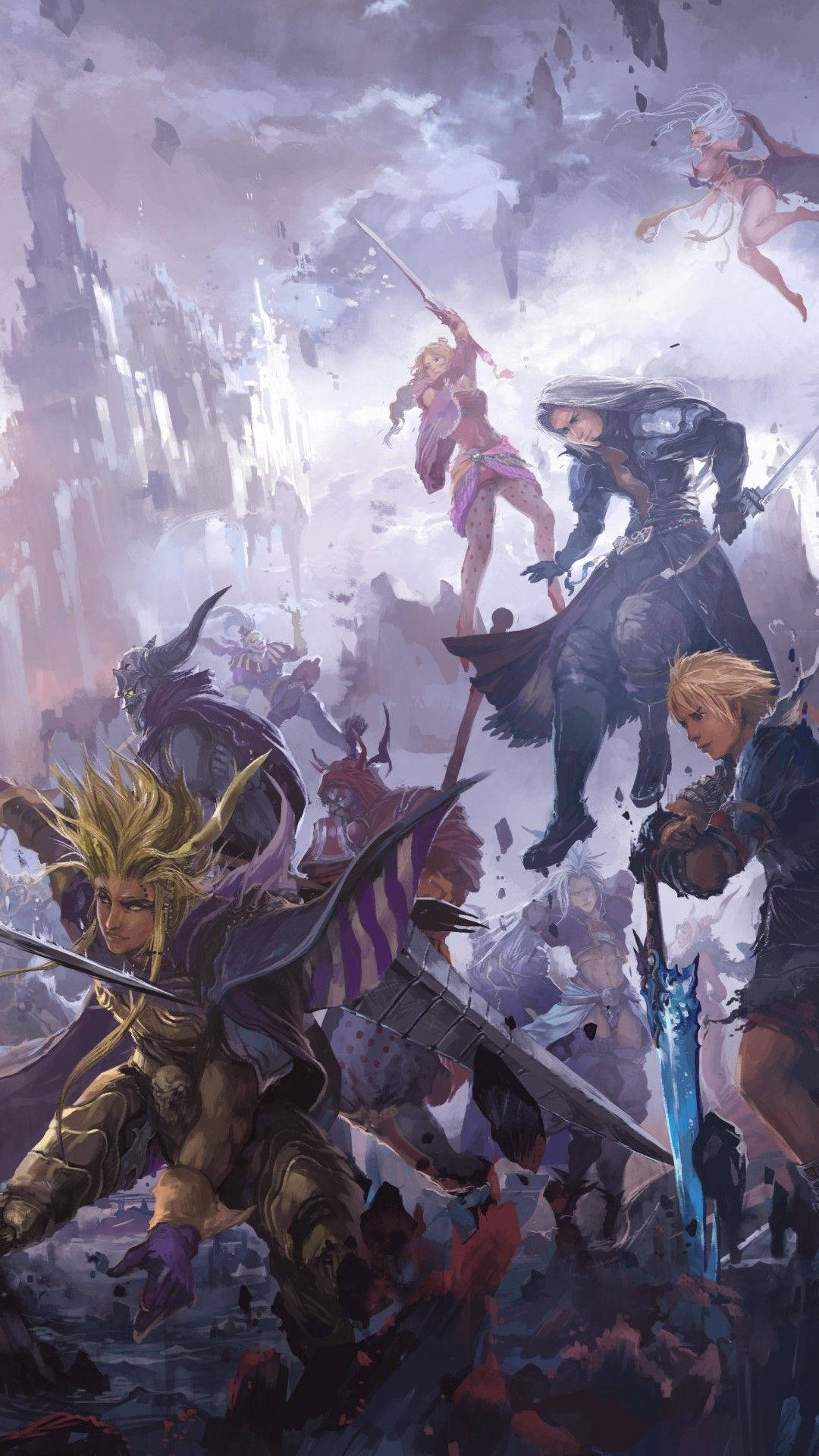 Sephiroth 桌布 壁紙 — 奇幻戰士在風暴天空下的破碎城堡中碰撞，帶著發光武器和動態動作。