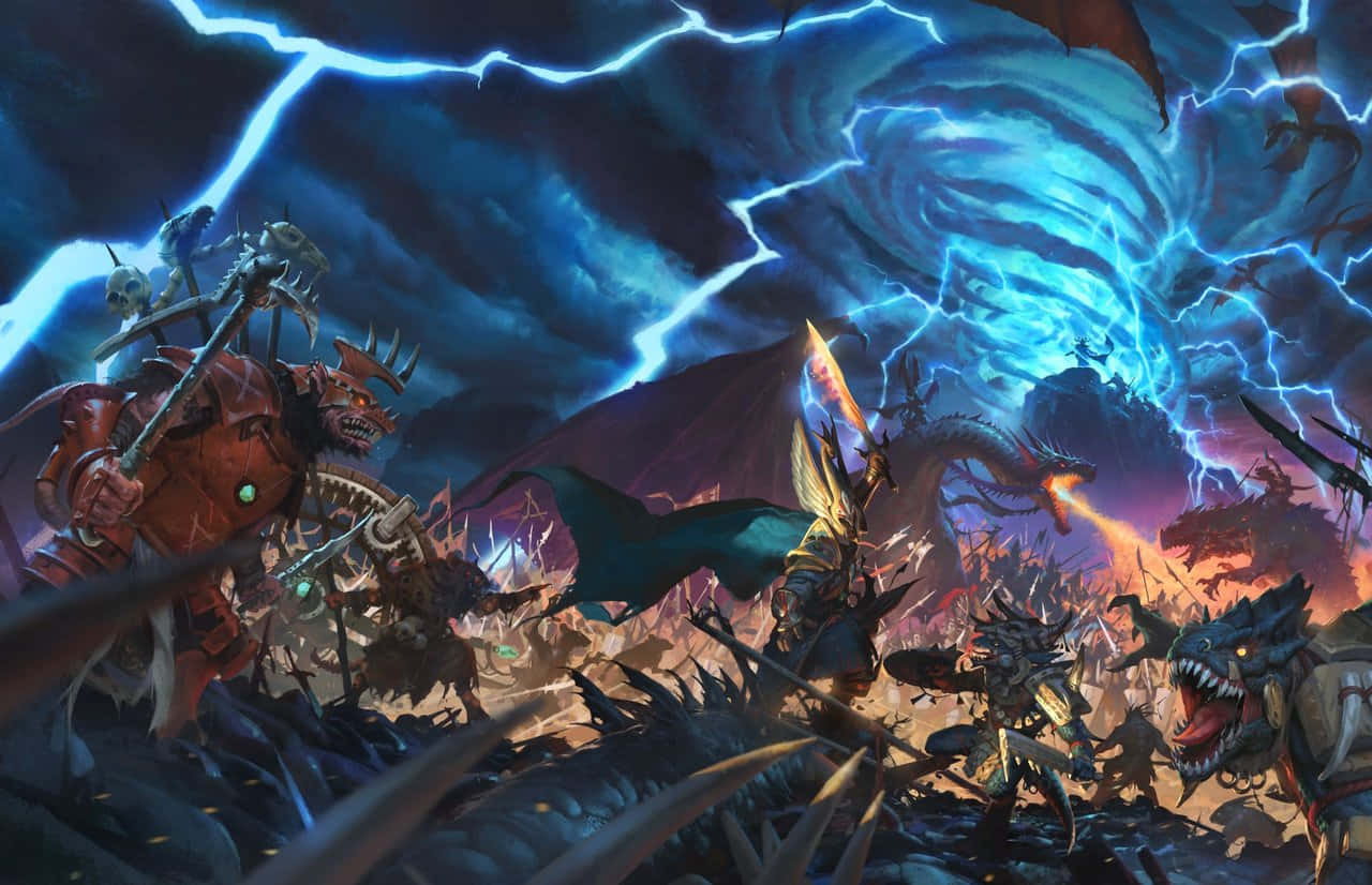 Total War Warhammer 2 桌布 壁紙 — 奇幻戰士在風暴天空下碰撞，藍色閃電和旋轉漩渦，巨龍在戰鬥中咆哮。