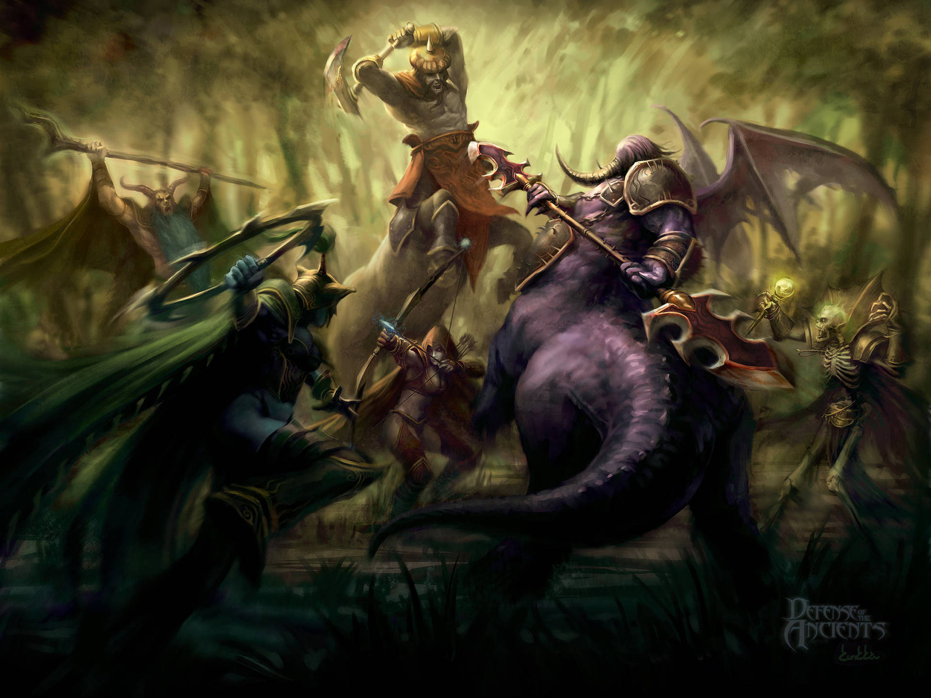 dota 2 4K 桌布 壁紙 — 奇幻戰士在黑暗森林中交戰，一名騎士騎著紫色巨龍在詭異的綠光下與裝甲敵人戰鬥。