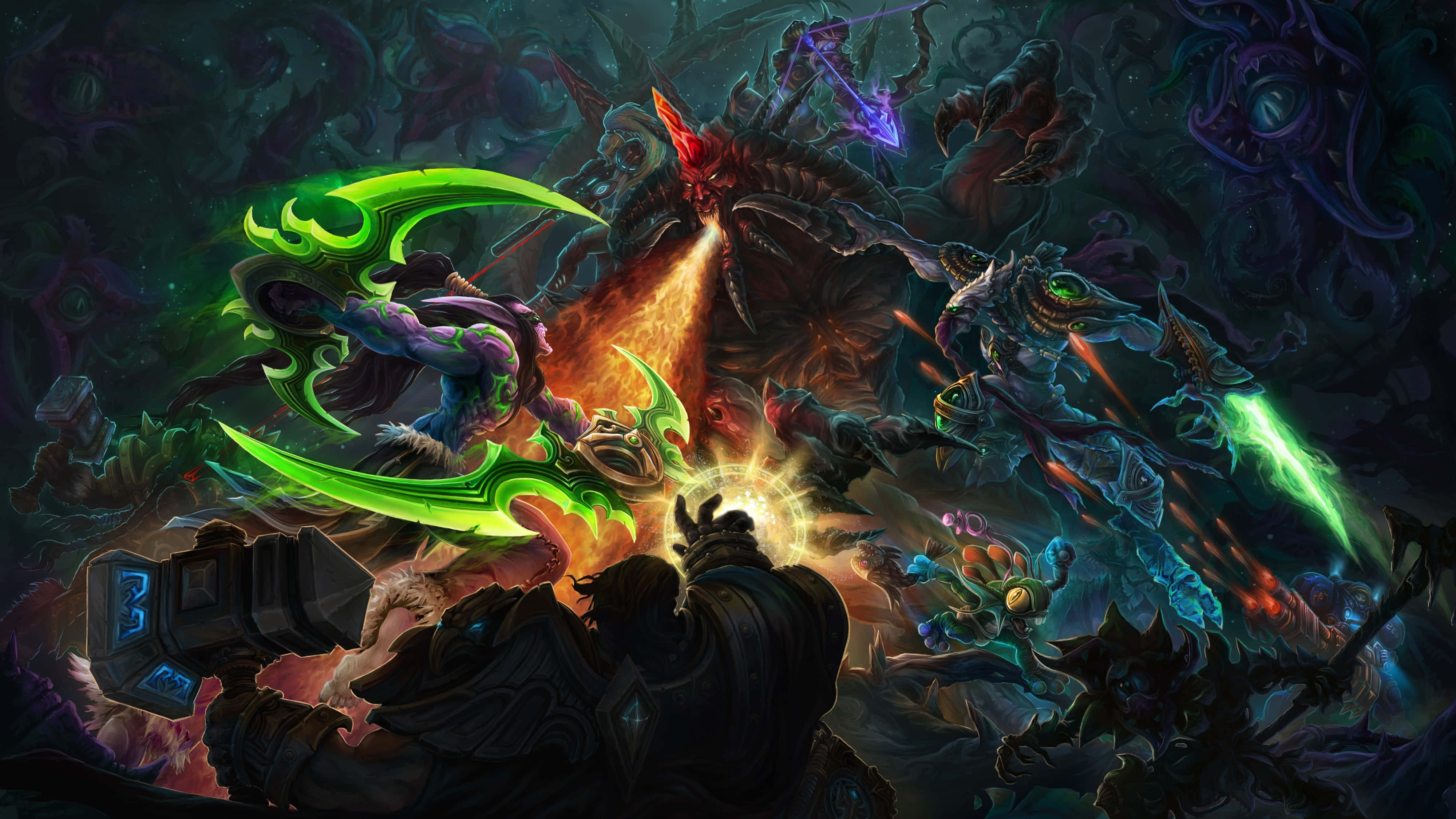 魔獸世界 桌布 壁紙 — 奇幻戰士在黑暗神秘戰鬥中碰撞，伴隨著發光武器和旋轉魔法能量。