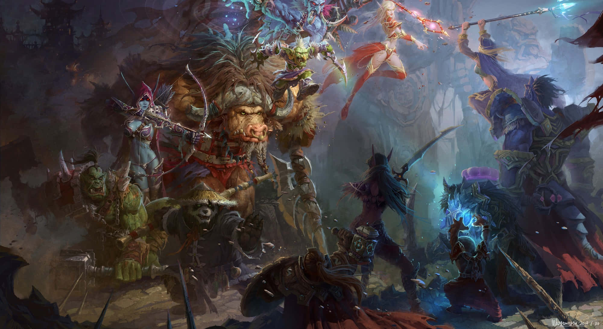 Sylvanas Windrunner 桌布 壁紙 — 奇幻戰士在黑暗神秘戰鬥中碰撞，閃耀魔法與混亂能量交織。
