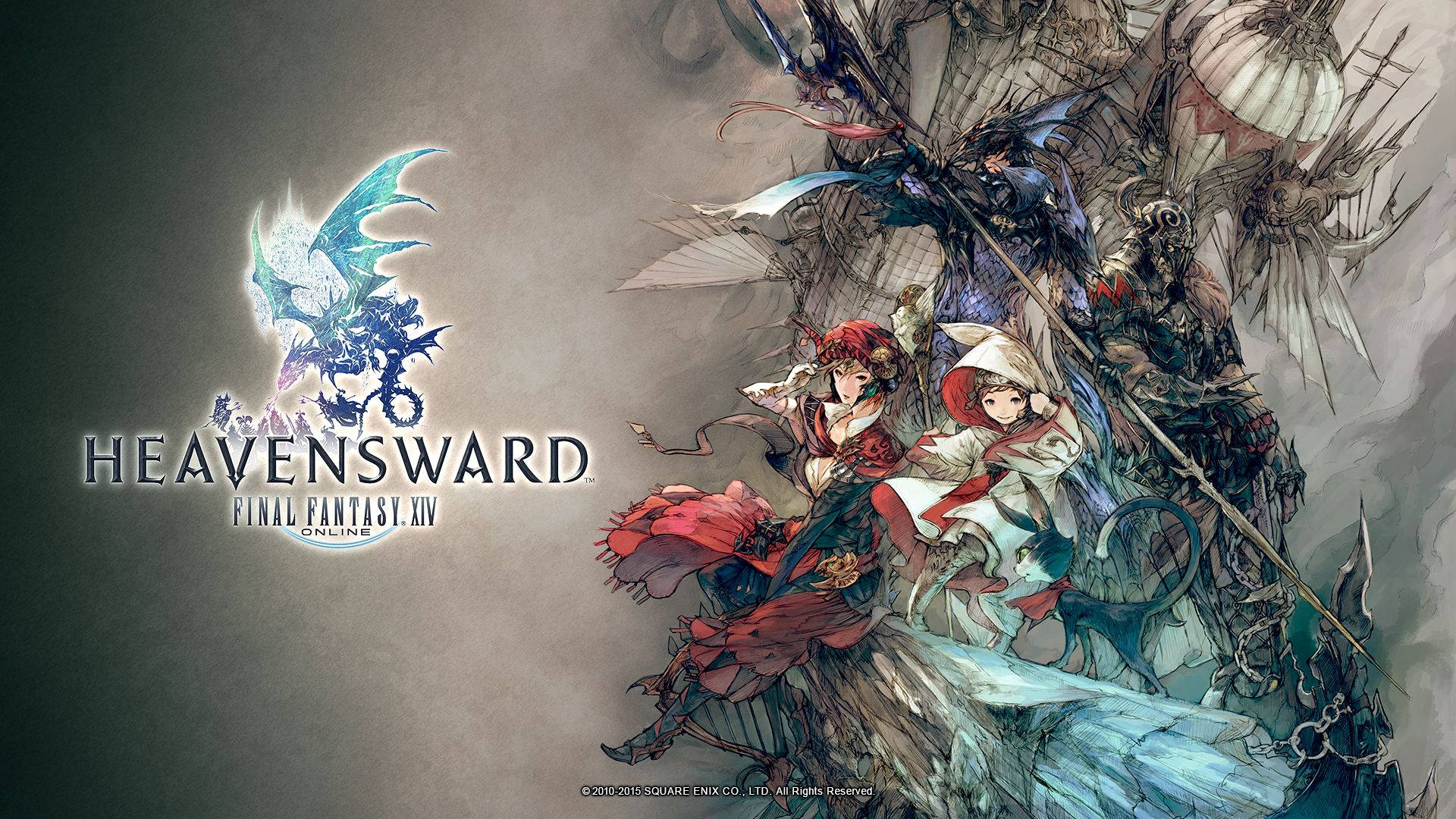 Ff14 桌布 壁紙 — 奇幻戰士與巨龍在暴風天空中翱翔，這是一幅戲劇性的《Final Fantasy XIV：蒼天のイシュガルド》宣傳藝術作品。