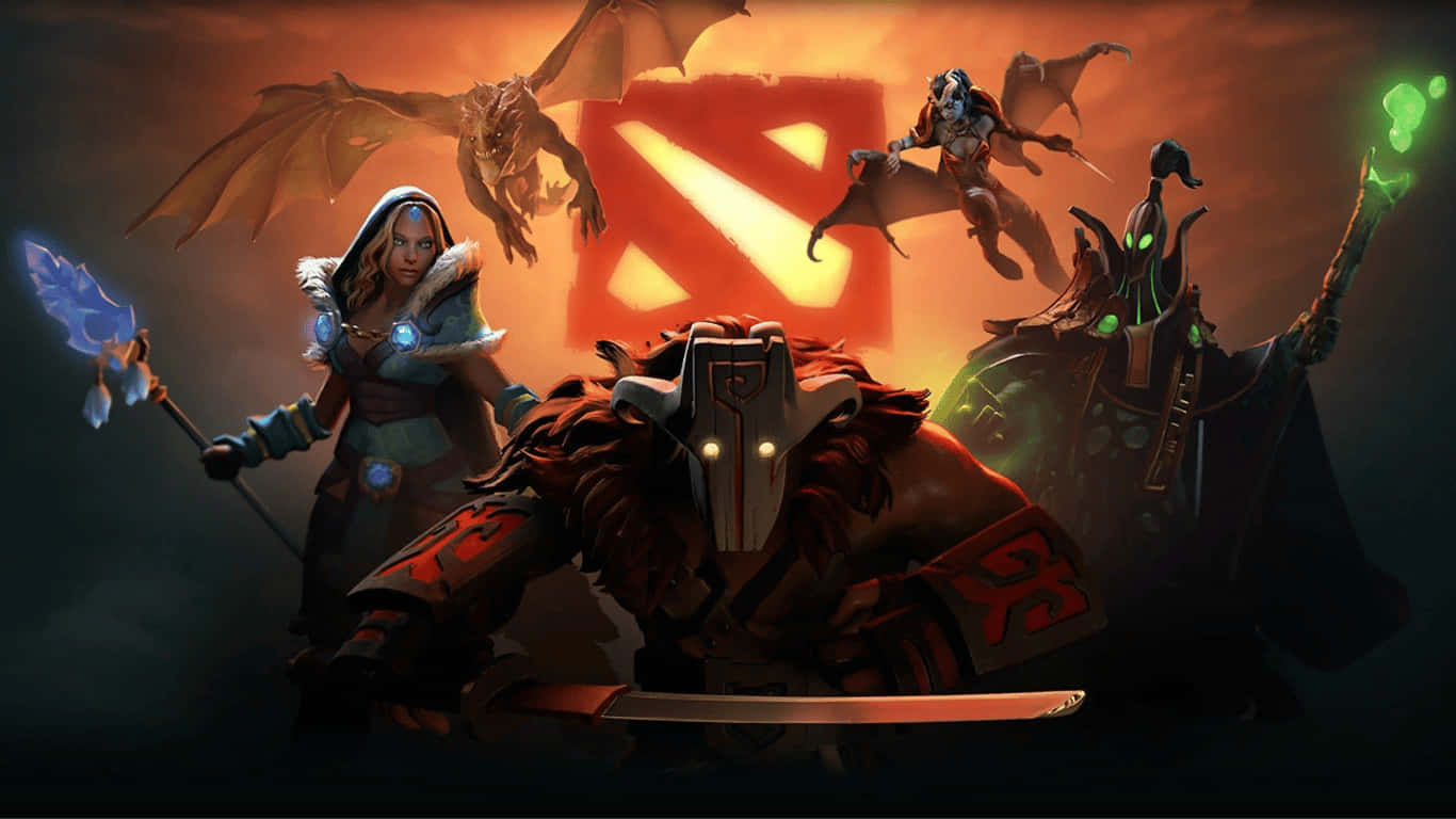 1366x768 Dota 2 桌布 壁紙 — 奇幻戰士與巨龍在熾熱橙色和深色調的發光 Dota 2 標誌下交戰。