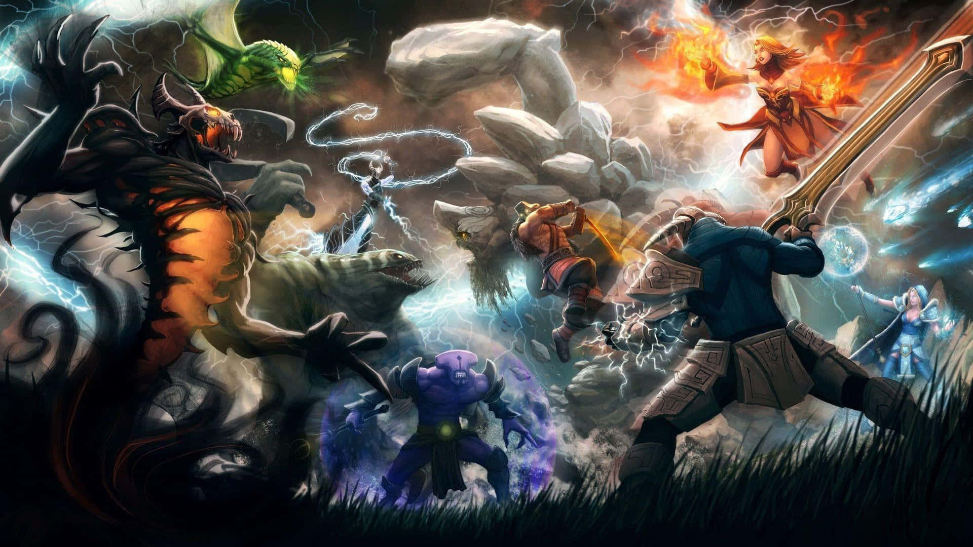 Online Gaming 桌布 壁紙 — 奇幻戰士與怪物在暴風雨的天空下，伴隨著發光的魔法效果，展開一場混亂的戰鬥。