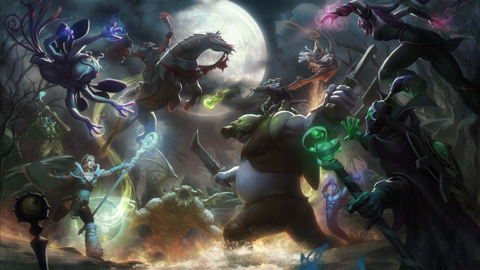 1920x1080 Dota 2 桌布 壁紙 — 奇幻戰士與怪物在滿月下於黑暗神秘戰鬥場景中交鋒。