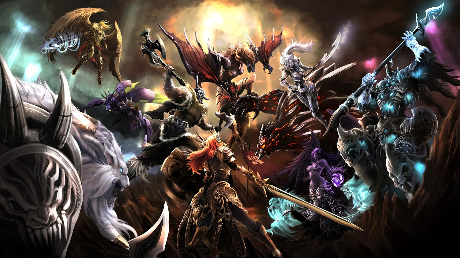 1920x1080 League Of Legends 桌布 壁紙 — 奇幻戰士與怪物在熾熱的天空下，以發光的武器和烏雲展開戲劇性的戰鬥。