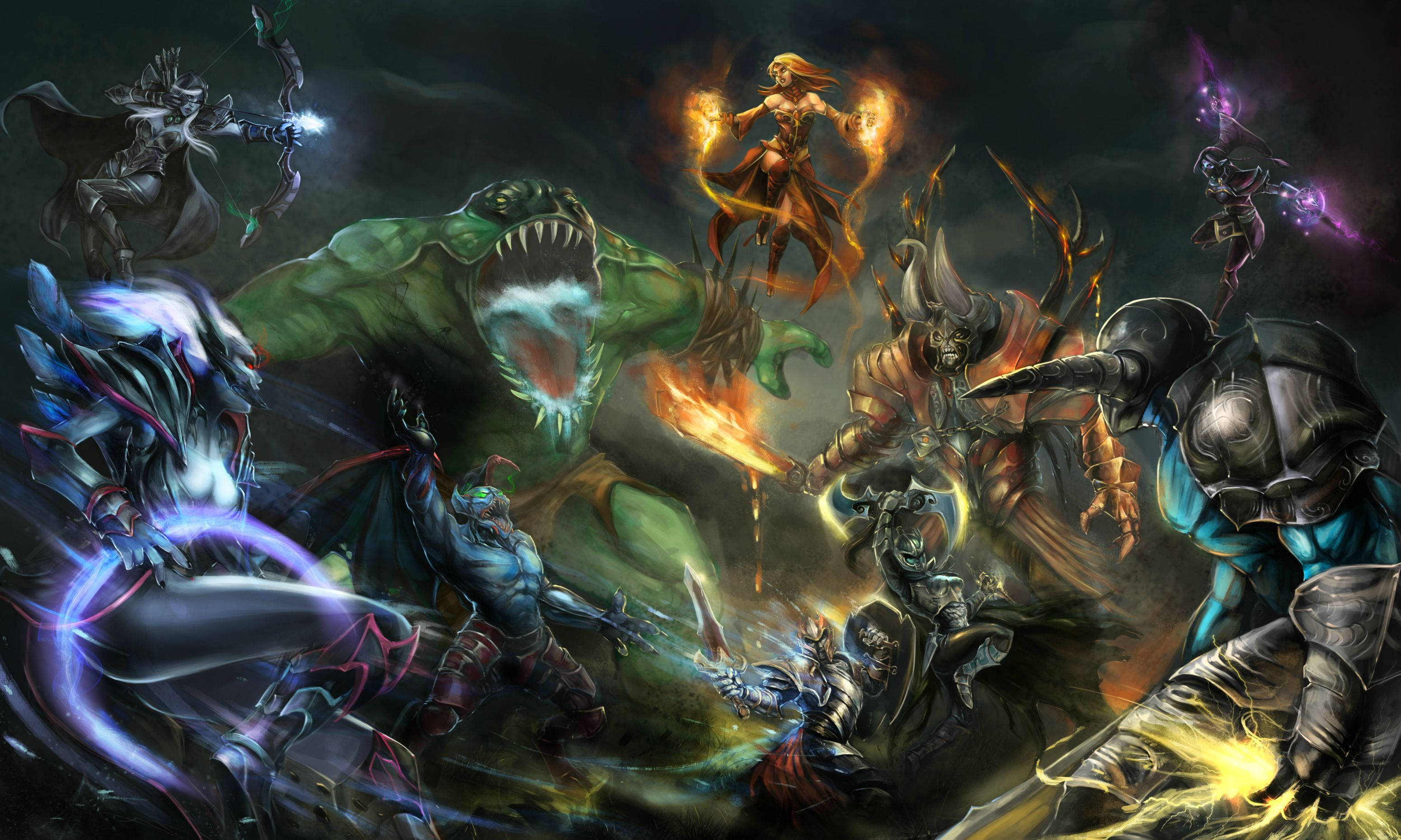 Dota 2 4K 桌布 壁紙 — 奇幻戰士與怪物在黑暗天空下以充滿活力的魔法能量展開混亂戰鬥。