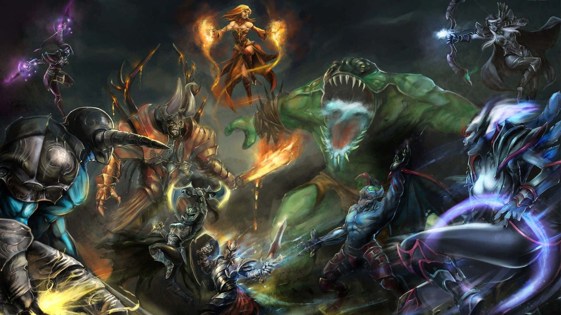 電玩遊戲 桌布 壁紙 — 奇幻戰士與怪物在黑暗天空下以發光的魔法效果展開混亂戰鬥。