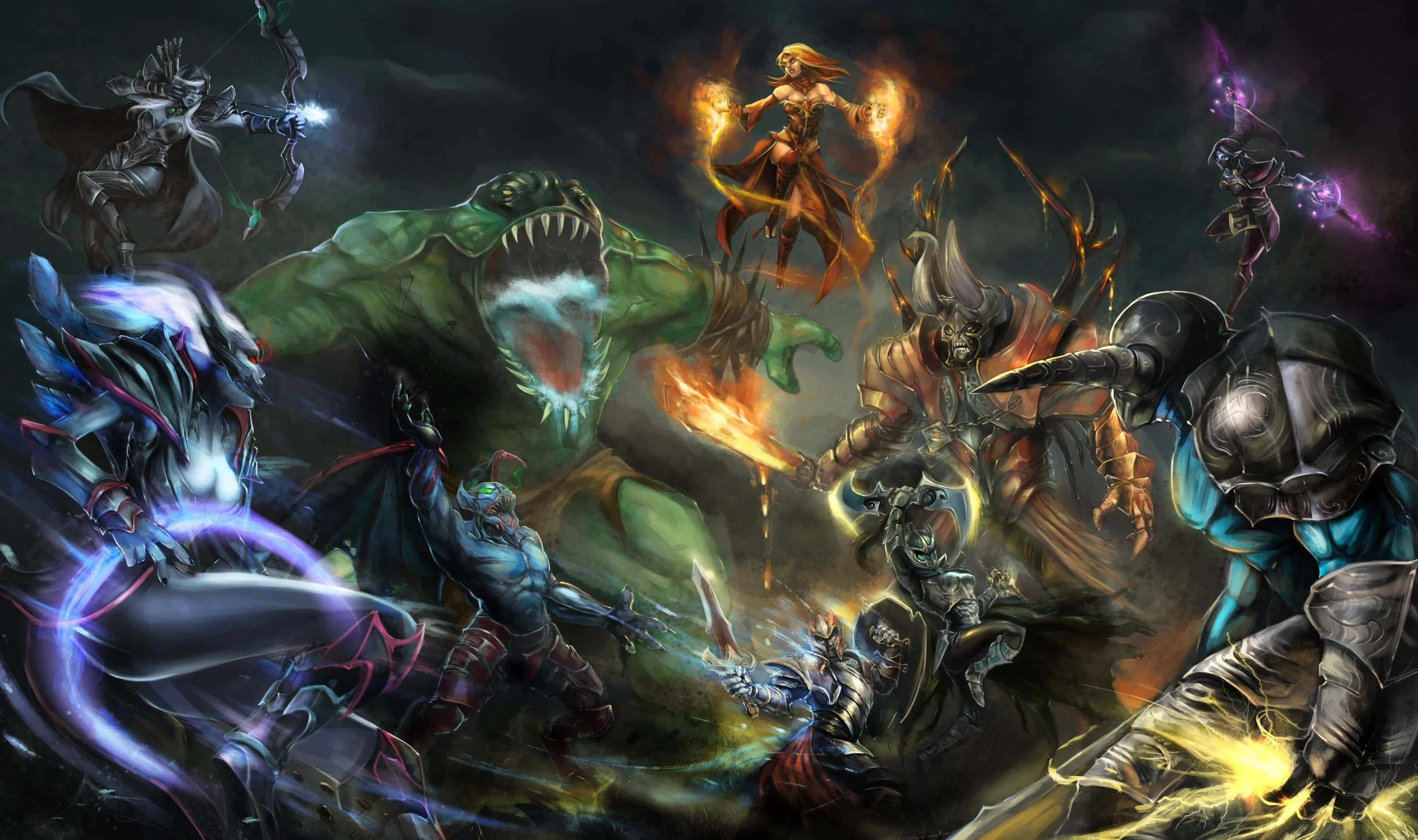 heroes 桌布 壁紙 — 奇幻戰士與怪物在黑暗天空下激烈交戰，伴隨著發光的魔法效果，場面混亂。
