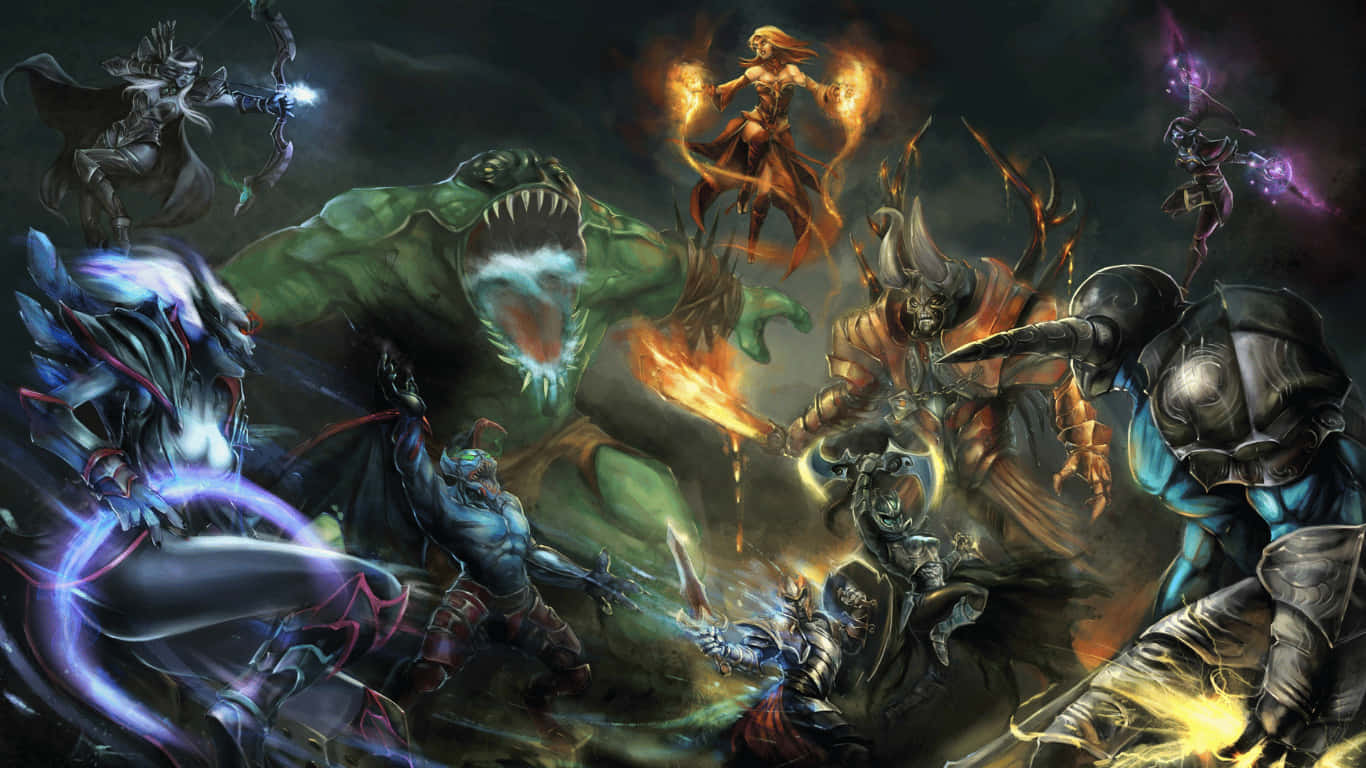 1366x768 Dota 2 桌布 壁紙 — 奇幻戰士與怪物在黑暗風暴的戰場上碰撞，伴隨著發光的魔法效果和火焰能量。