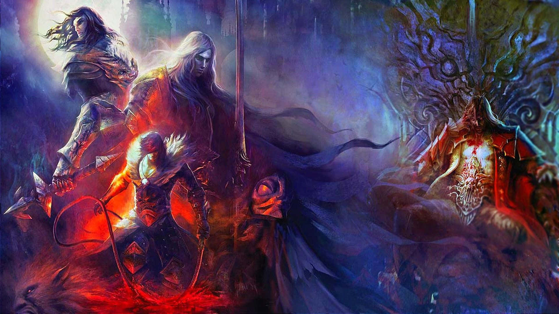 惡魔城 桌布 壁紙 — 奇幻戰士與惡魔般的人物在發光的月亮下於黑暗神秘領域中碰撞。