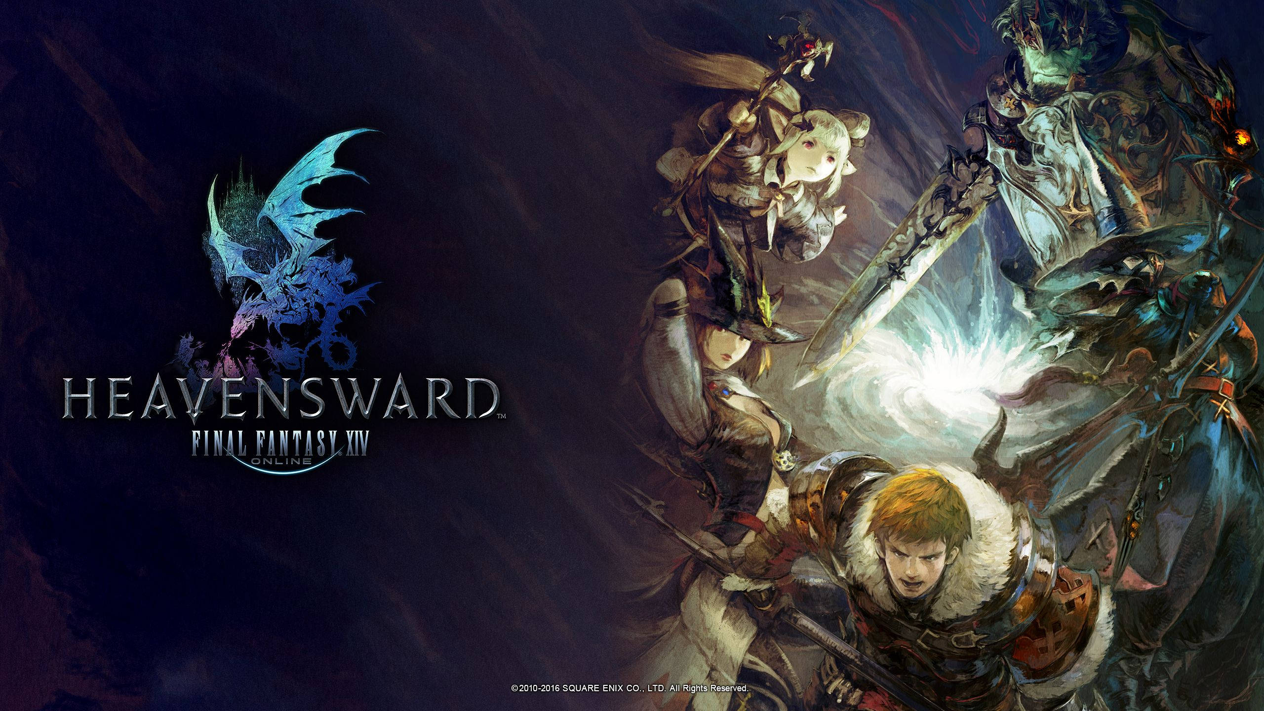 Ff14 桌布 壁紙 — 奇幻戰士與發光巨龍在黑暗神秘領域中，在戲劇性燈光下戰鬥。