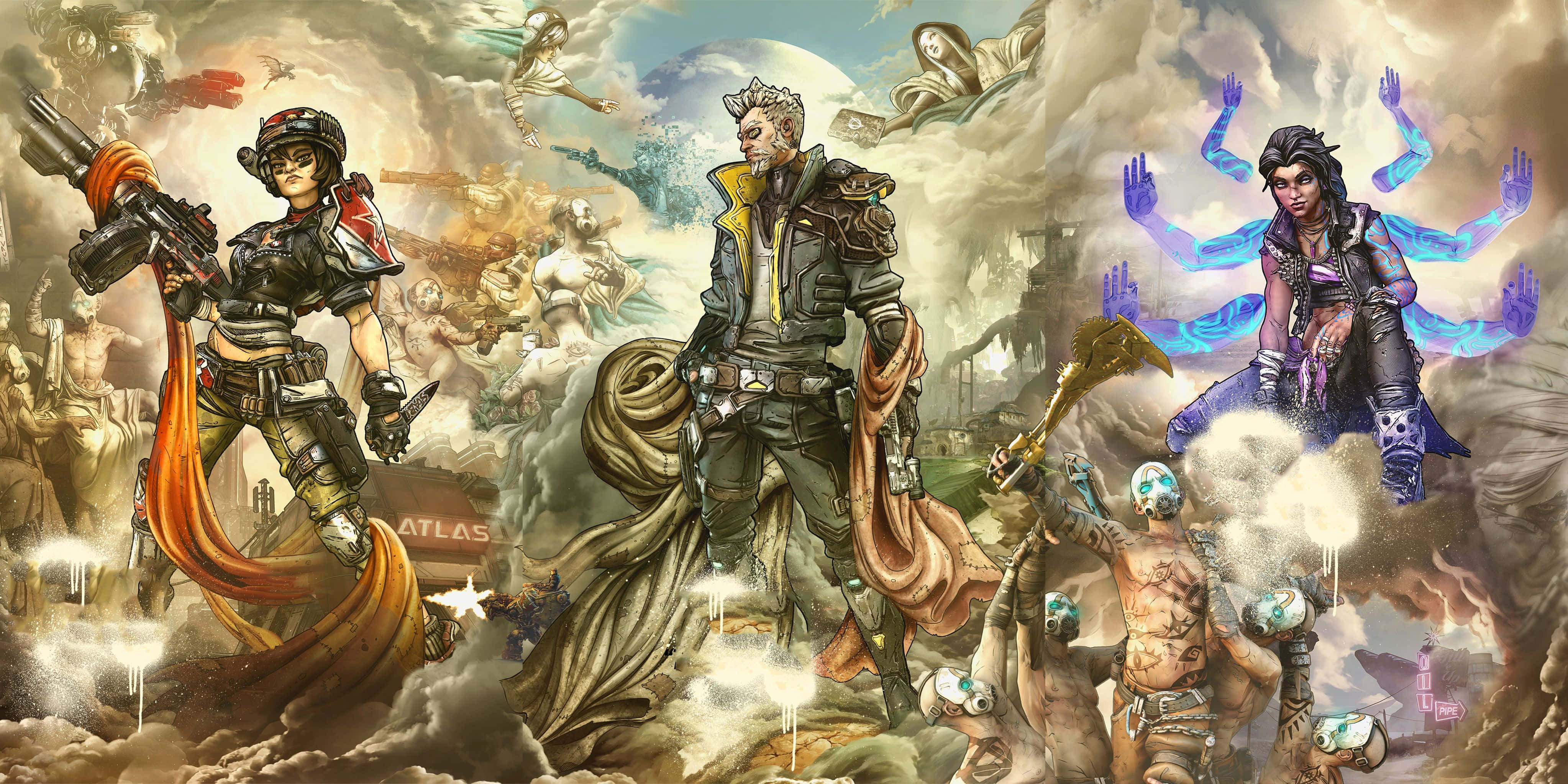 Borderlands 3 桌布 壁紙 — 奇幻戰士與神話生物在暴風雲和 crumbling 廢墟中碰撞，形成戲劇性的史詩戰鬥場景。