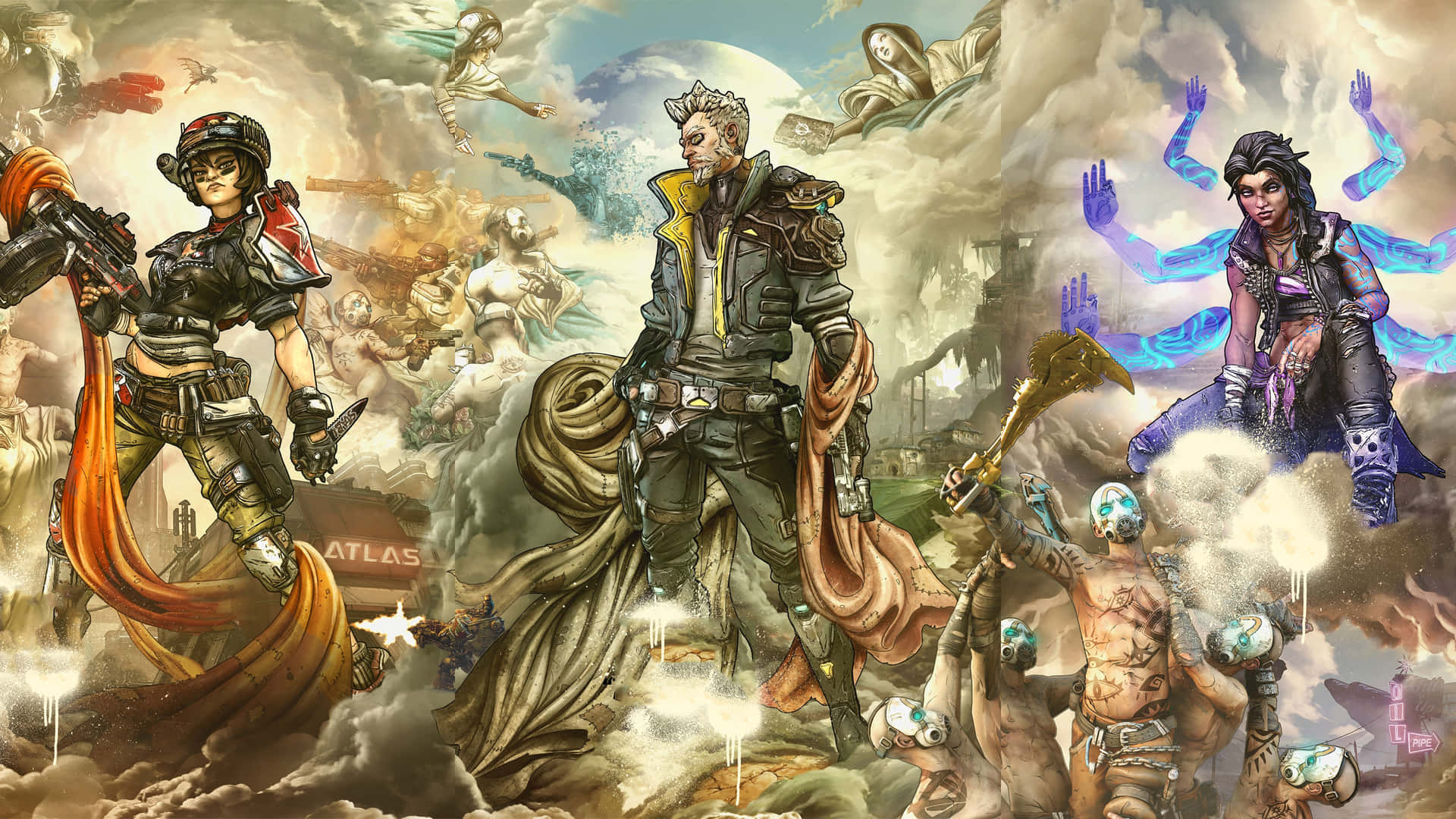 Best Borderlands 3 桌布 壁紙 — 奇幻戰士與神話生物在暴風雲和浮動廢墟中碰撞，形成混亂的史詩戰鬥場景。