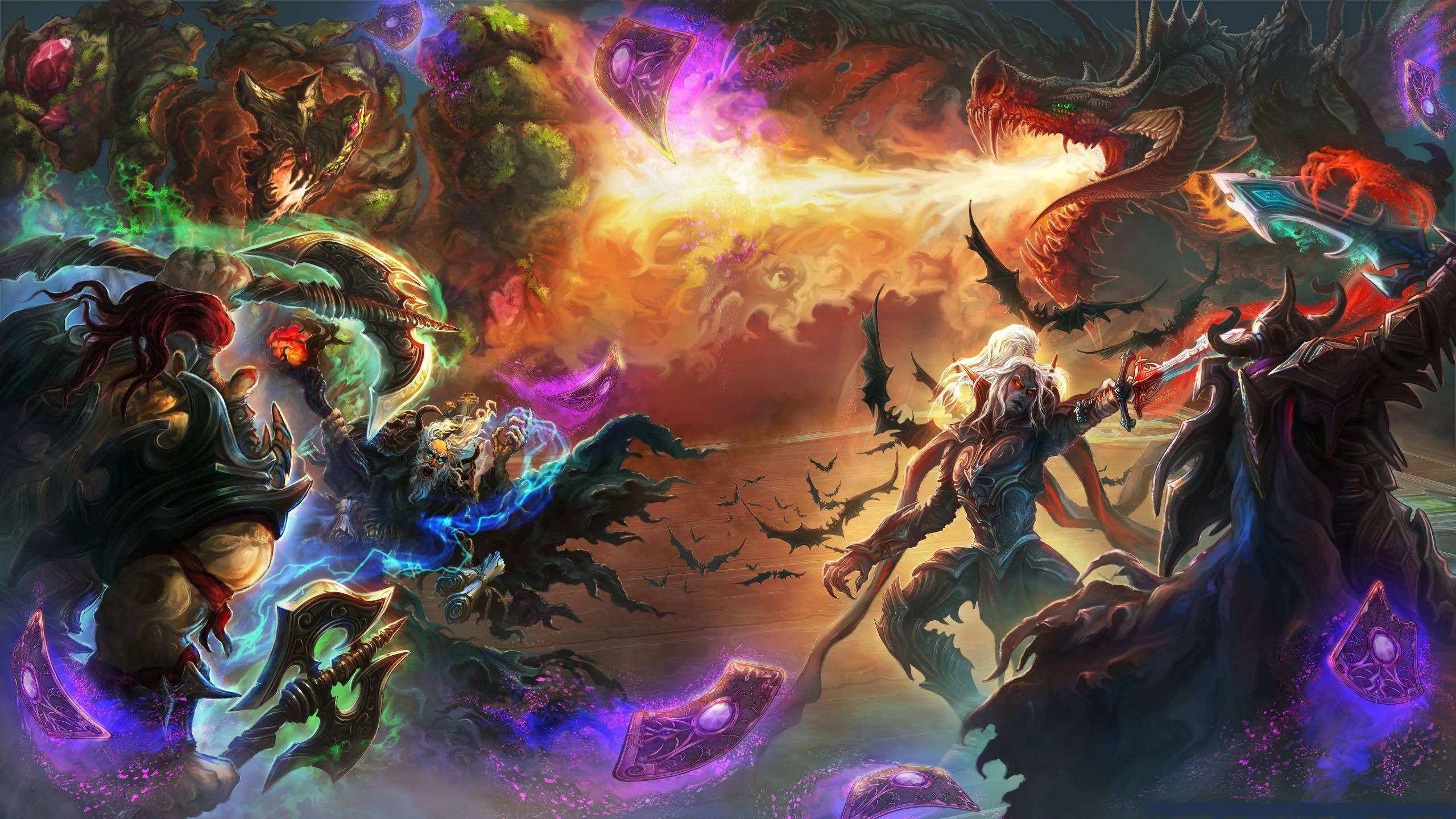 遊戲 桌布 壁紙 — 奇幻戰士與龍和惡魔在混亂的戰鬥中碰撞，在熾熱、魔幻的天空下。
