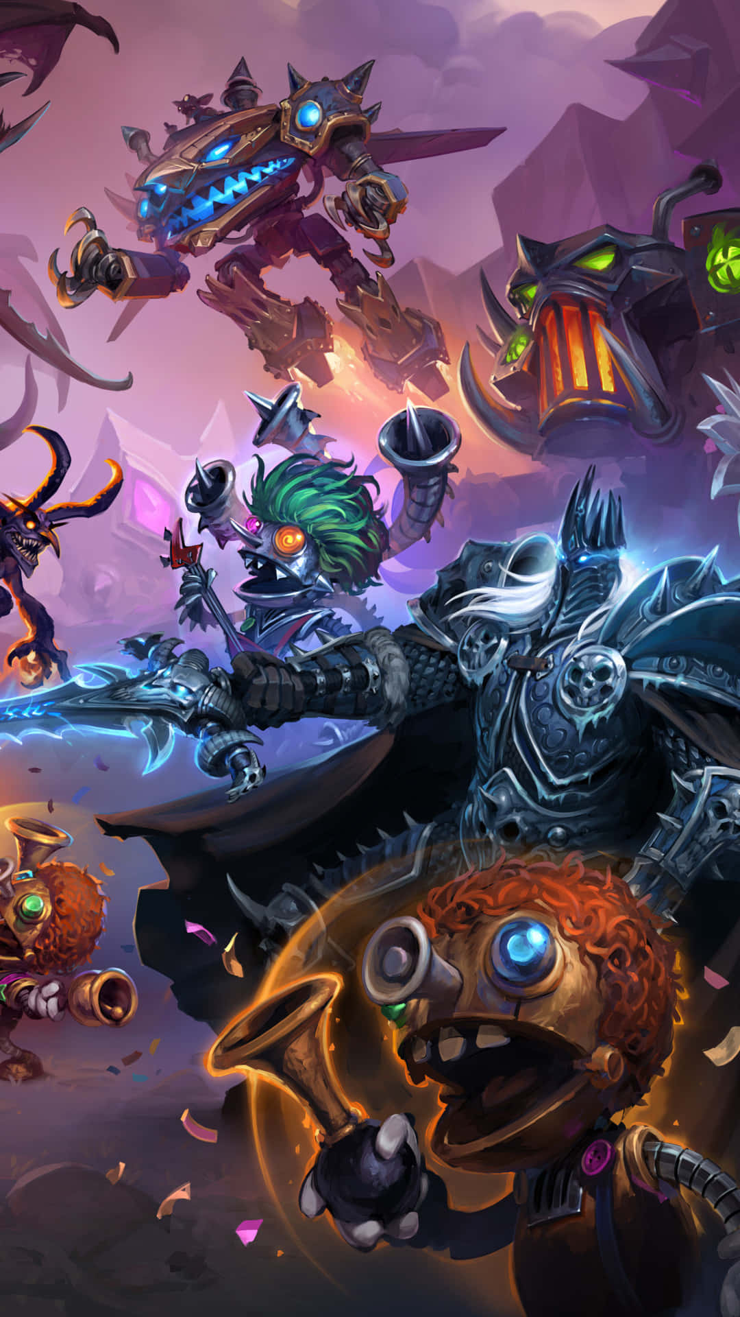 Pixel 3 Hearthstone 桌布 壁紙 — 奇幻戰鬥場景，裝甲戰士與怪獸在混亂、火熱的紫色天空中衝突。