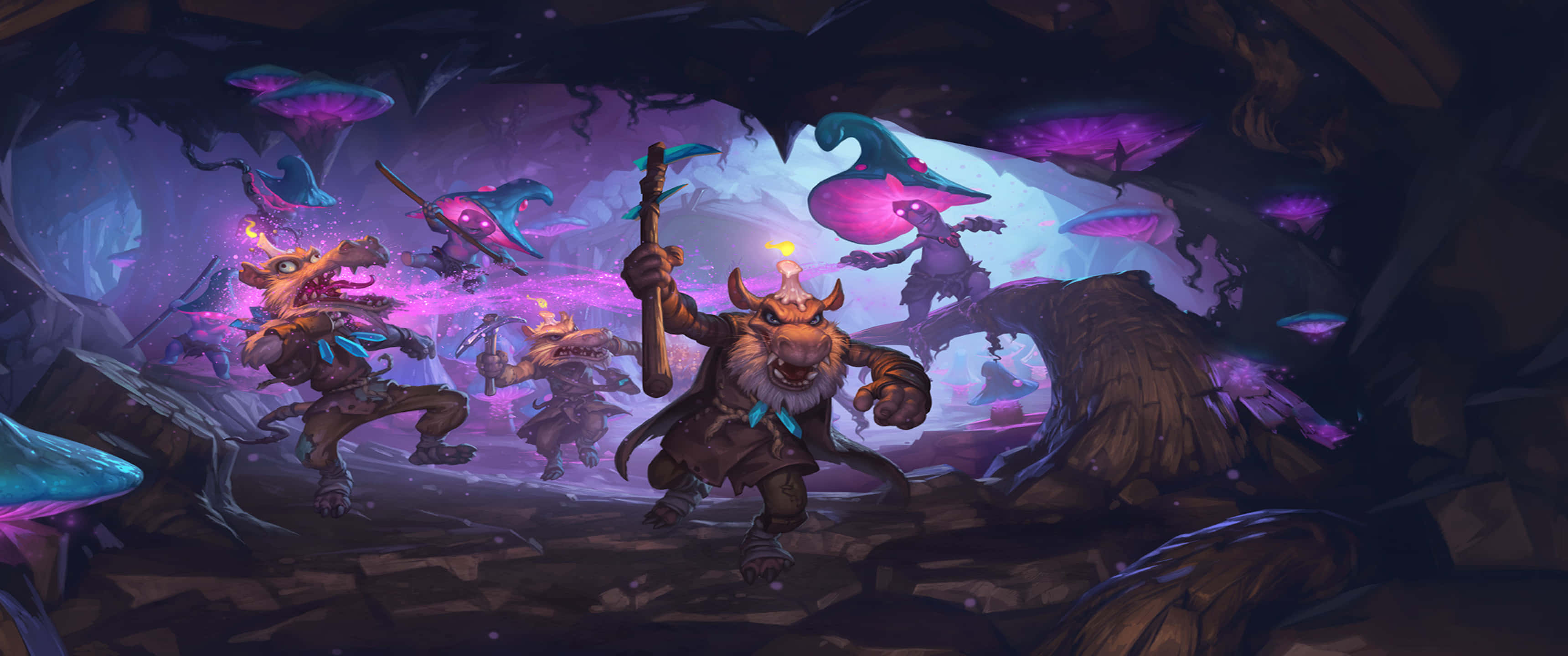 3440x1440p Hearthstone 桌布 壁紙 — 奇幻插畫，描繪一位戴角戰士在神秘洞穴中，於發光紫色蘑菇間揮舞法杖。
